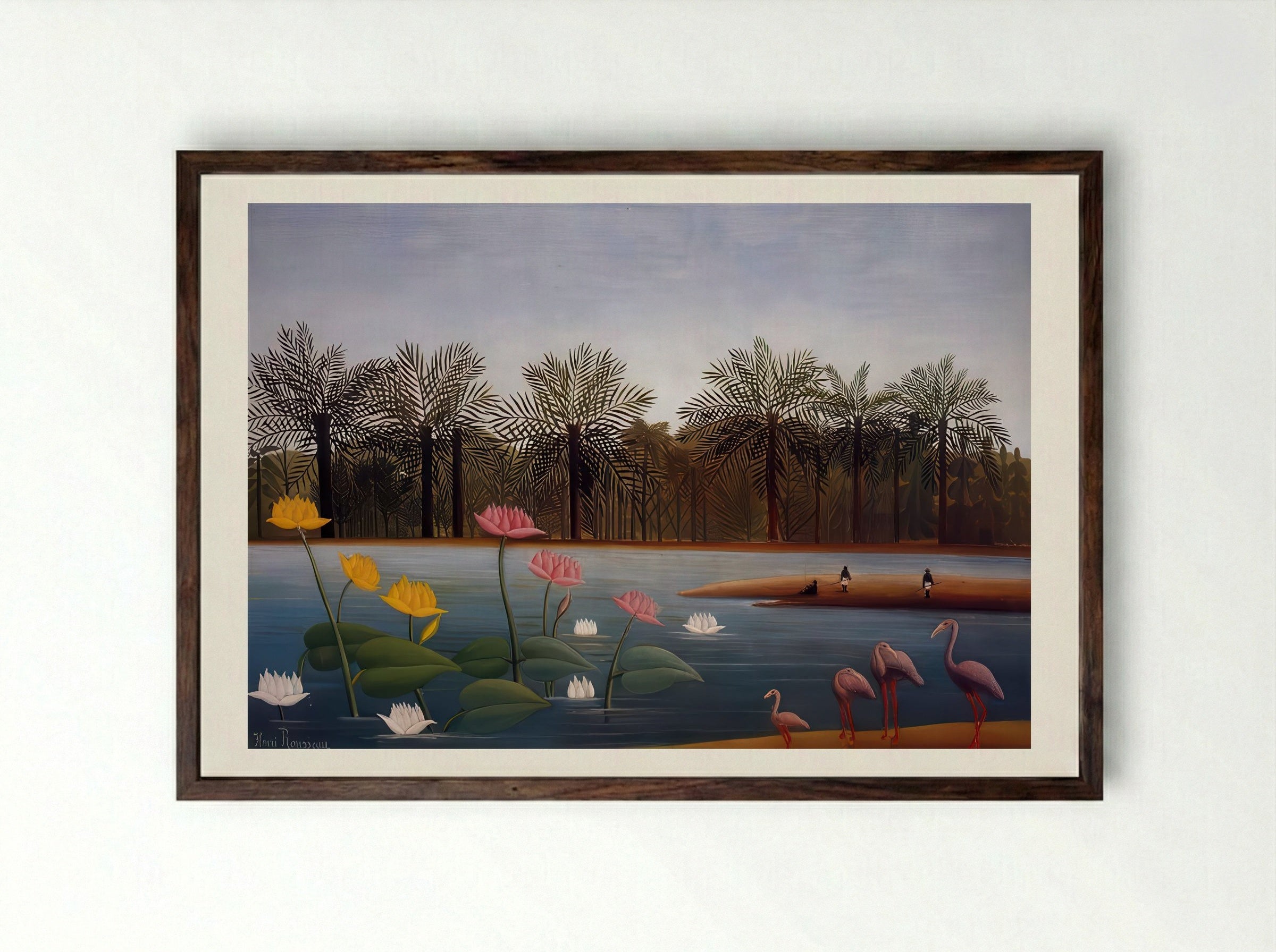 The Flamingoes by Henri Rousseau – Naïve Art Tropical Bird Print - Framed Print Dark Wood
