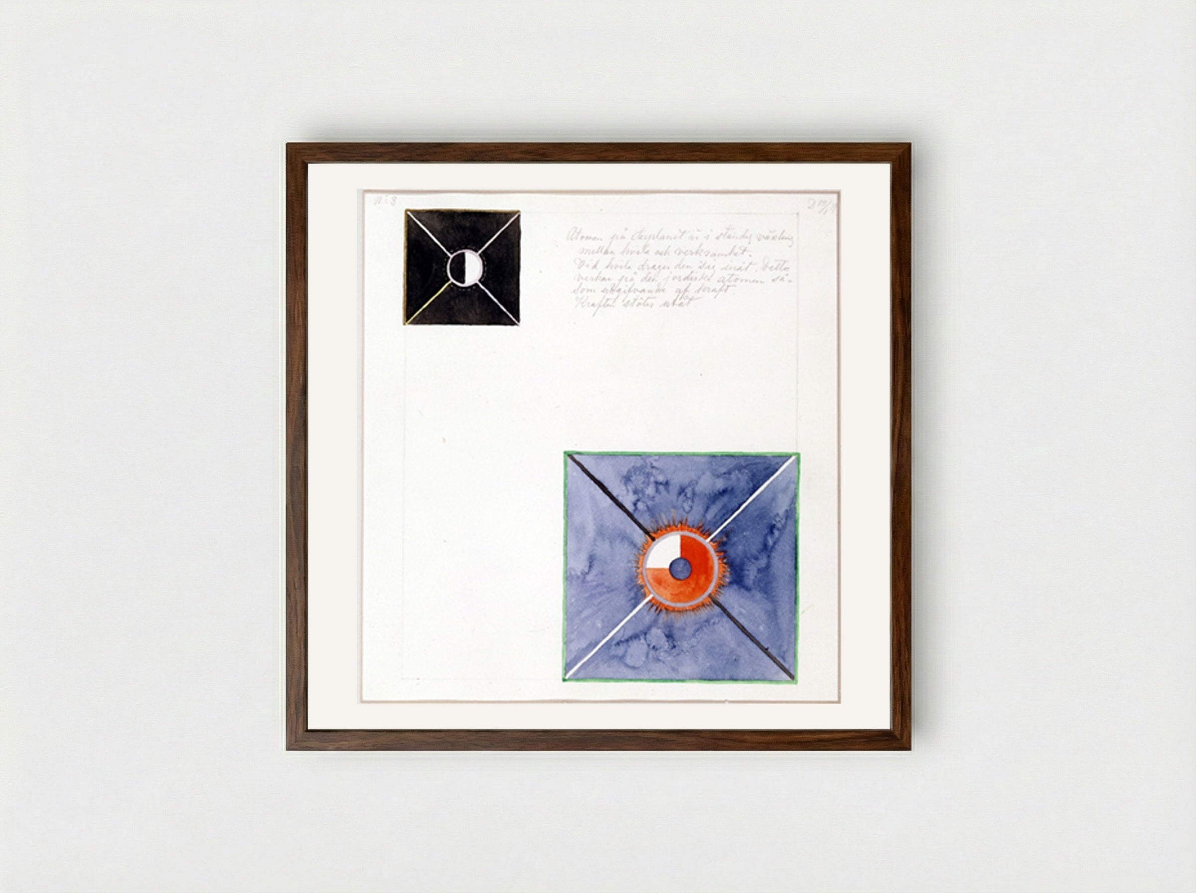 Atom Series, No. 8: Atom on the ether plane is in constant change between rest and activity. At the rest it pulls itself inwards. This affects the earthly atom as giving of force. - Hilma af Klint - Framed Print Dark Wood