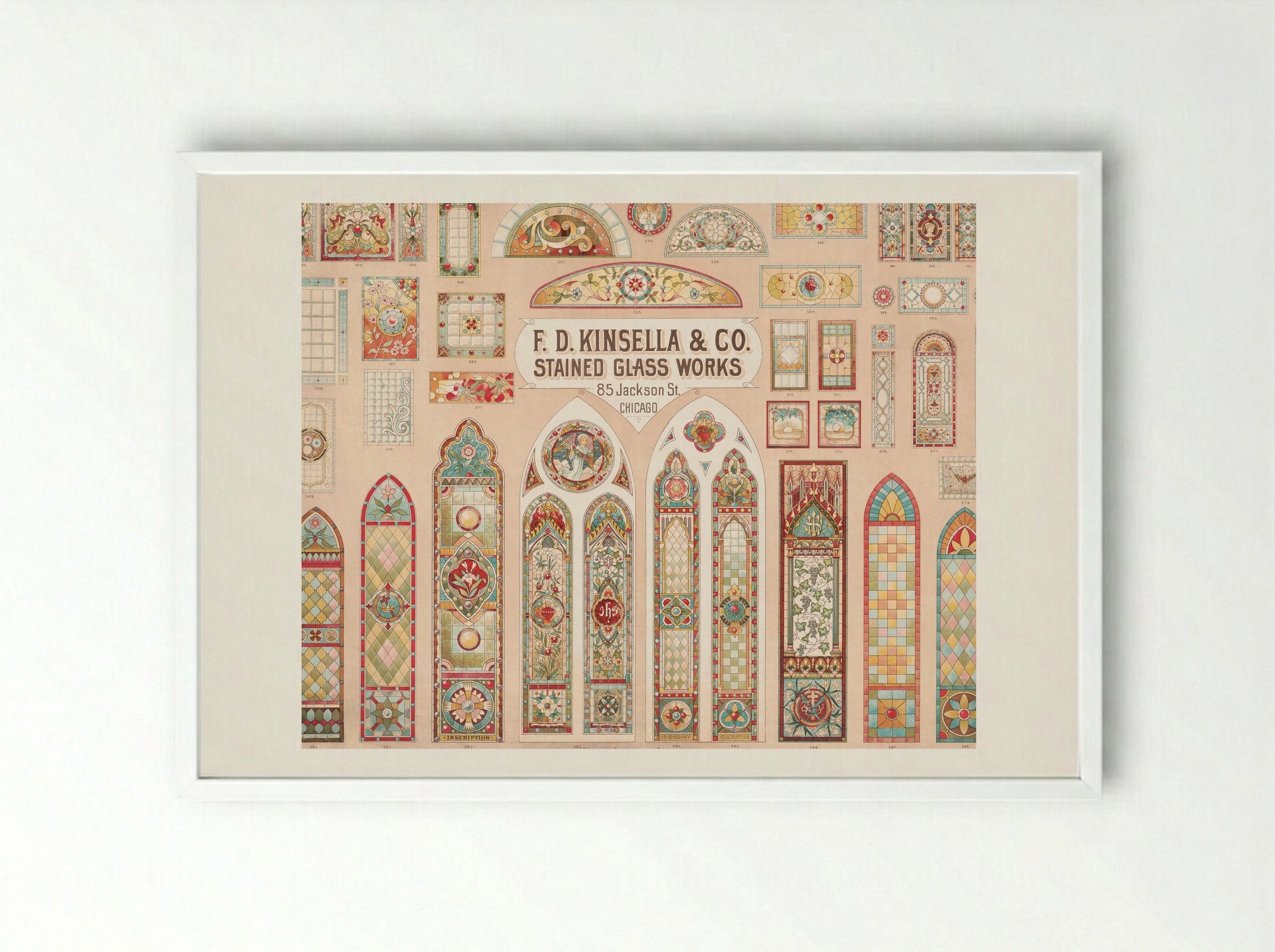 Stained Glass Works Designs - F. D. Kinsella & Co. - Framed Print White