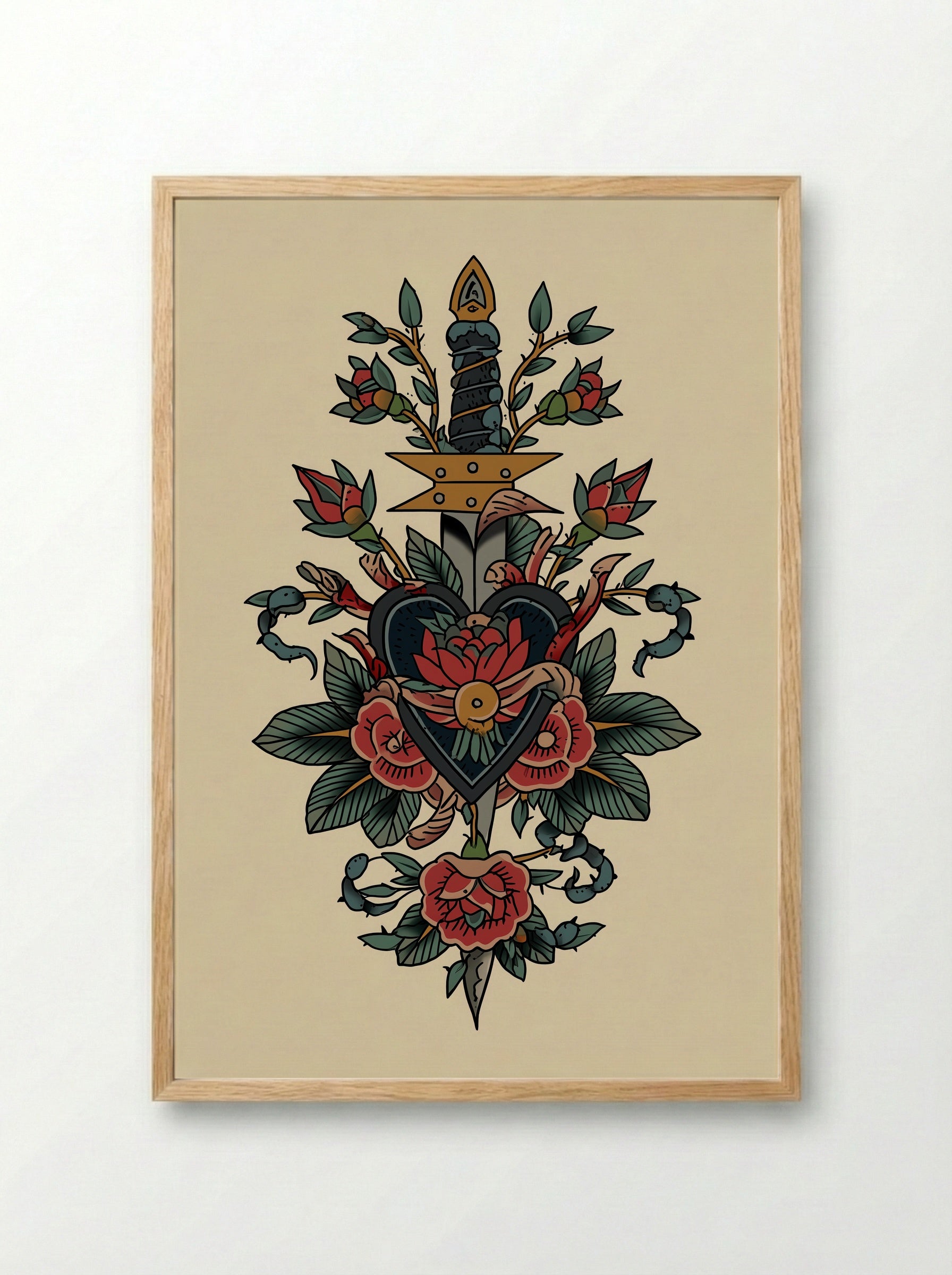 Sacred Heart and Dagger - Neo Traditional Tattoo Print - Framed Print Wood