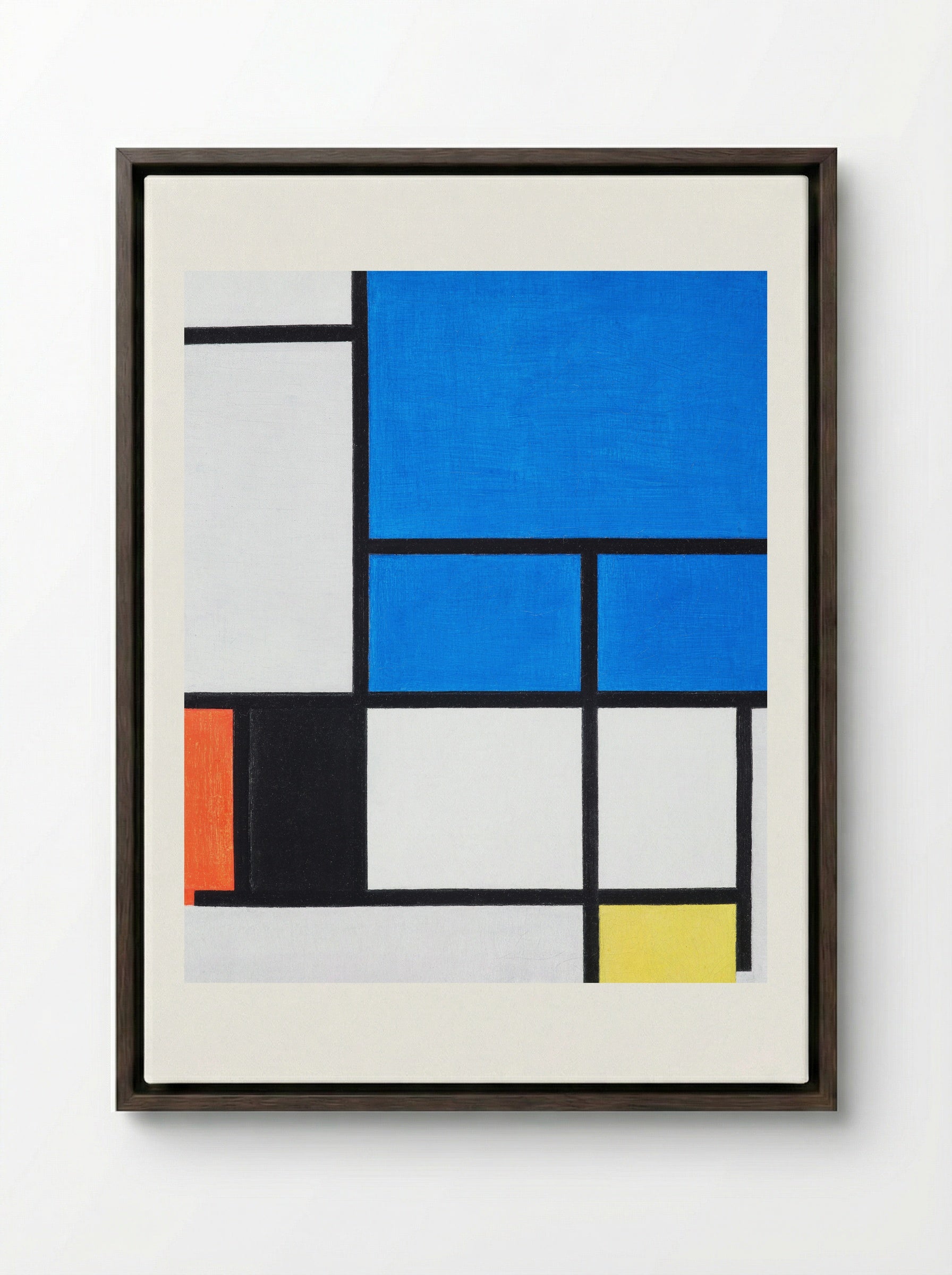 Composition with Large Blue Plane, Red, Black, Yellow, and Gray - Piet Mondrian - Framed Canvas Dark Wood