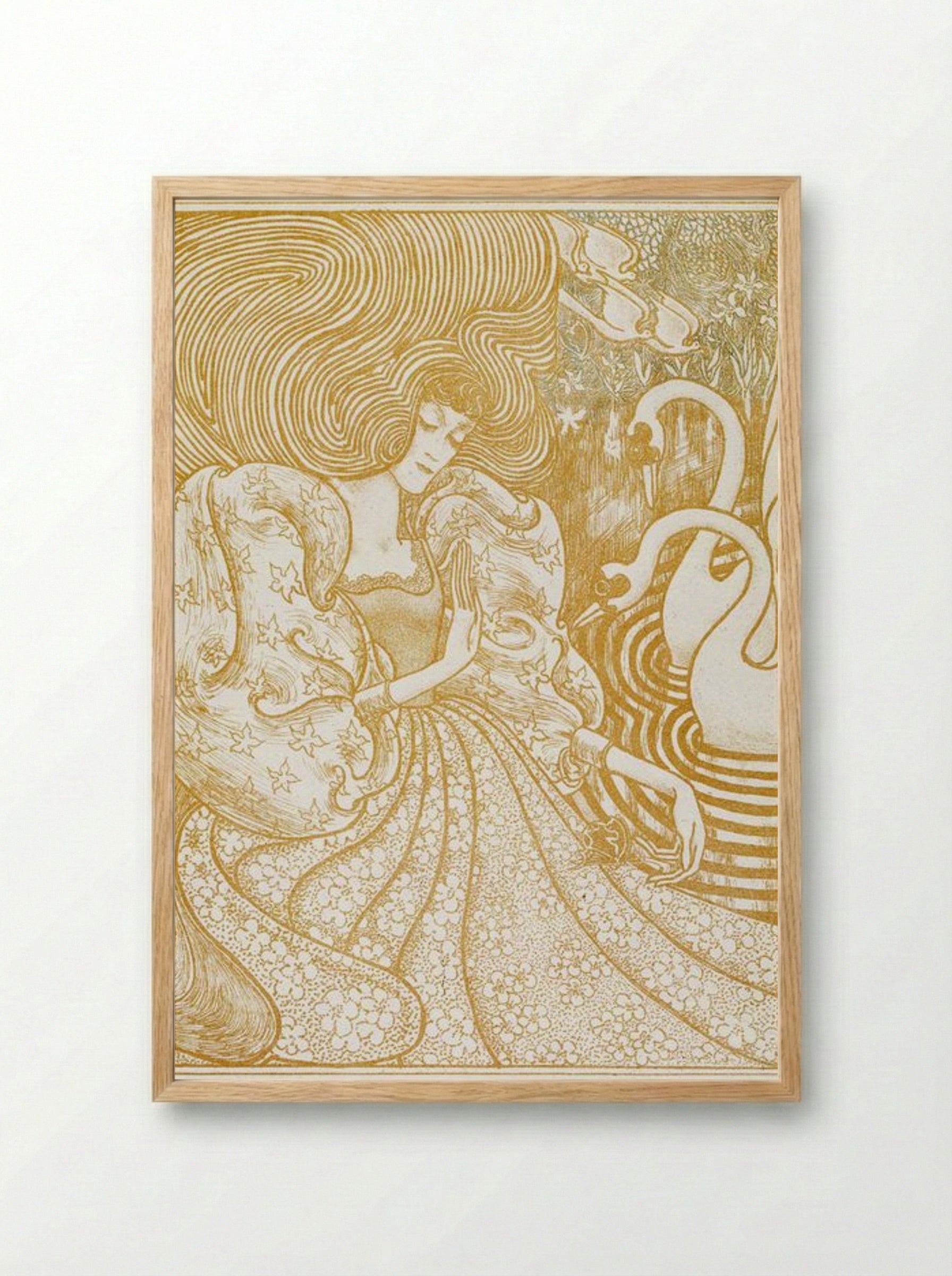 Woman with a Butterfly at a Pond with Two Swans - Jan Toorop - Framed Print Wood