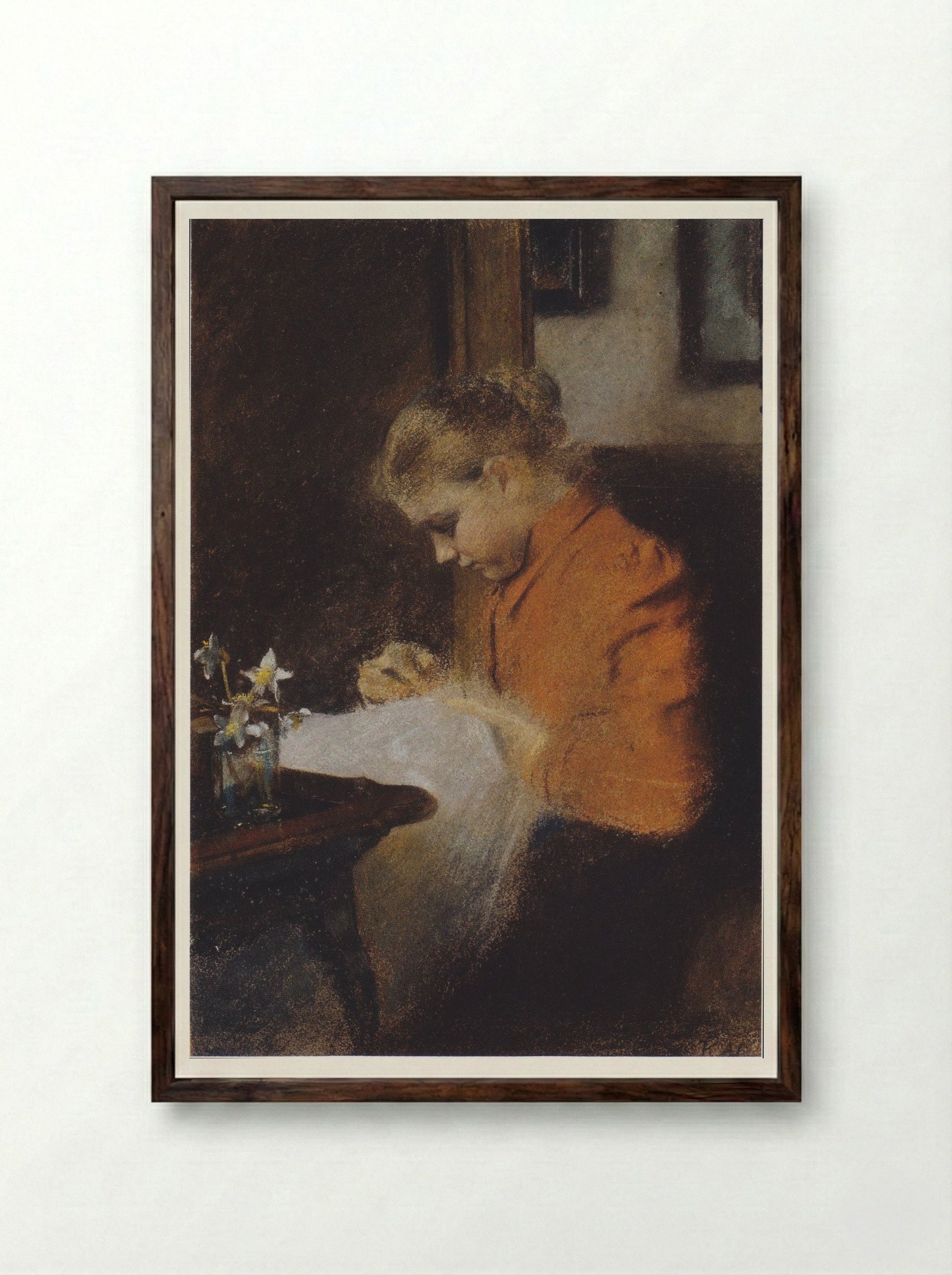 Leopoldine Steindl-Moser, eine Schwester des Künstlers, nähend - Koloman Moser - Framed Print Dark Wood