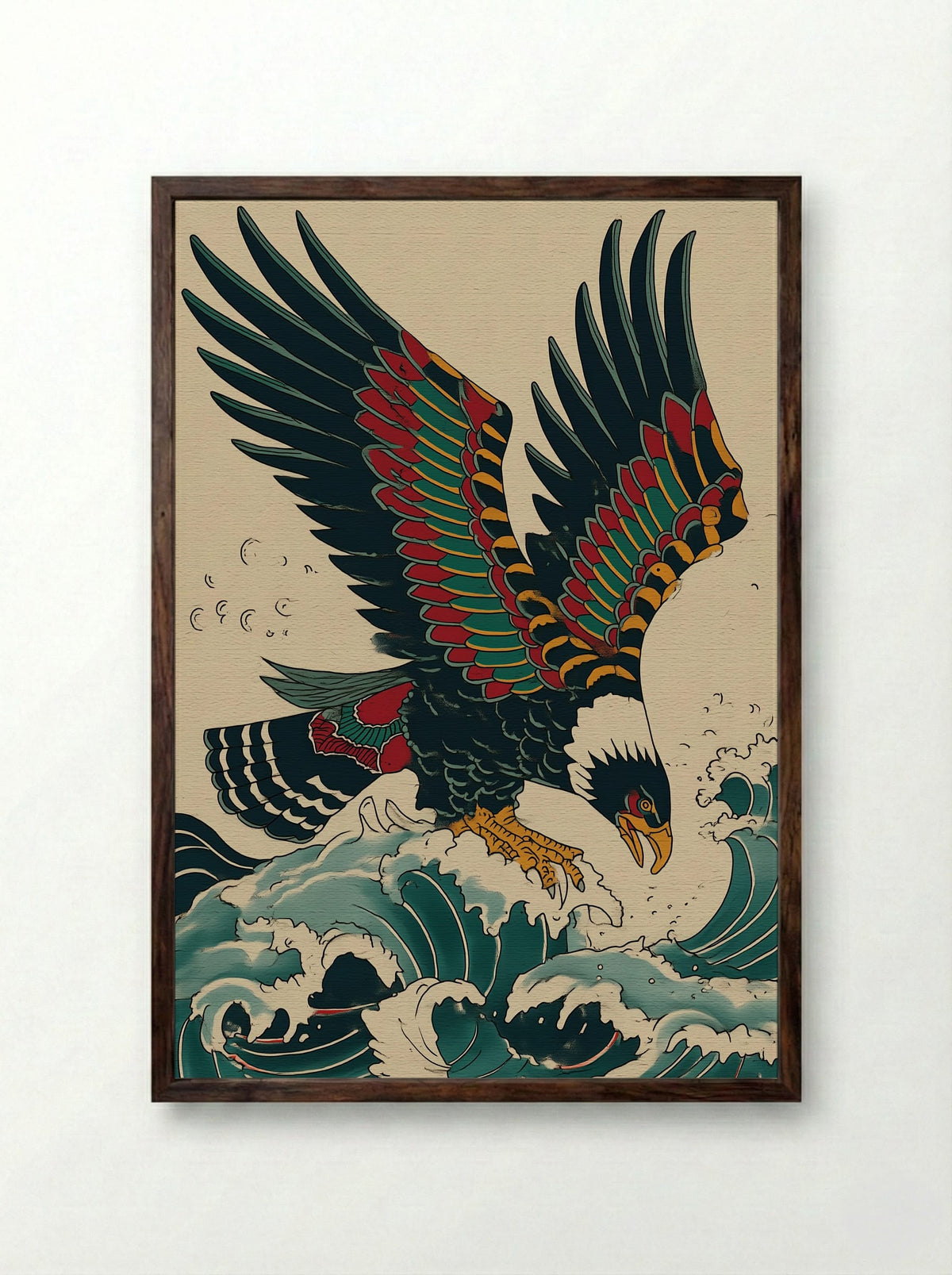 Eagle Over Waves - Japanese Inspired Art Print - Framed Print Dark Wood