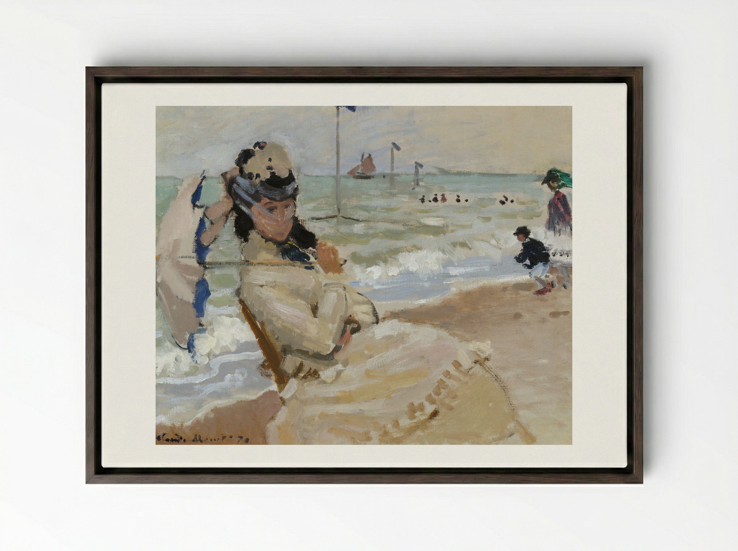 Camille on the Beach in Trouville - Claude Monet - Framed Canvas Dark Wood
