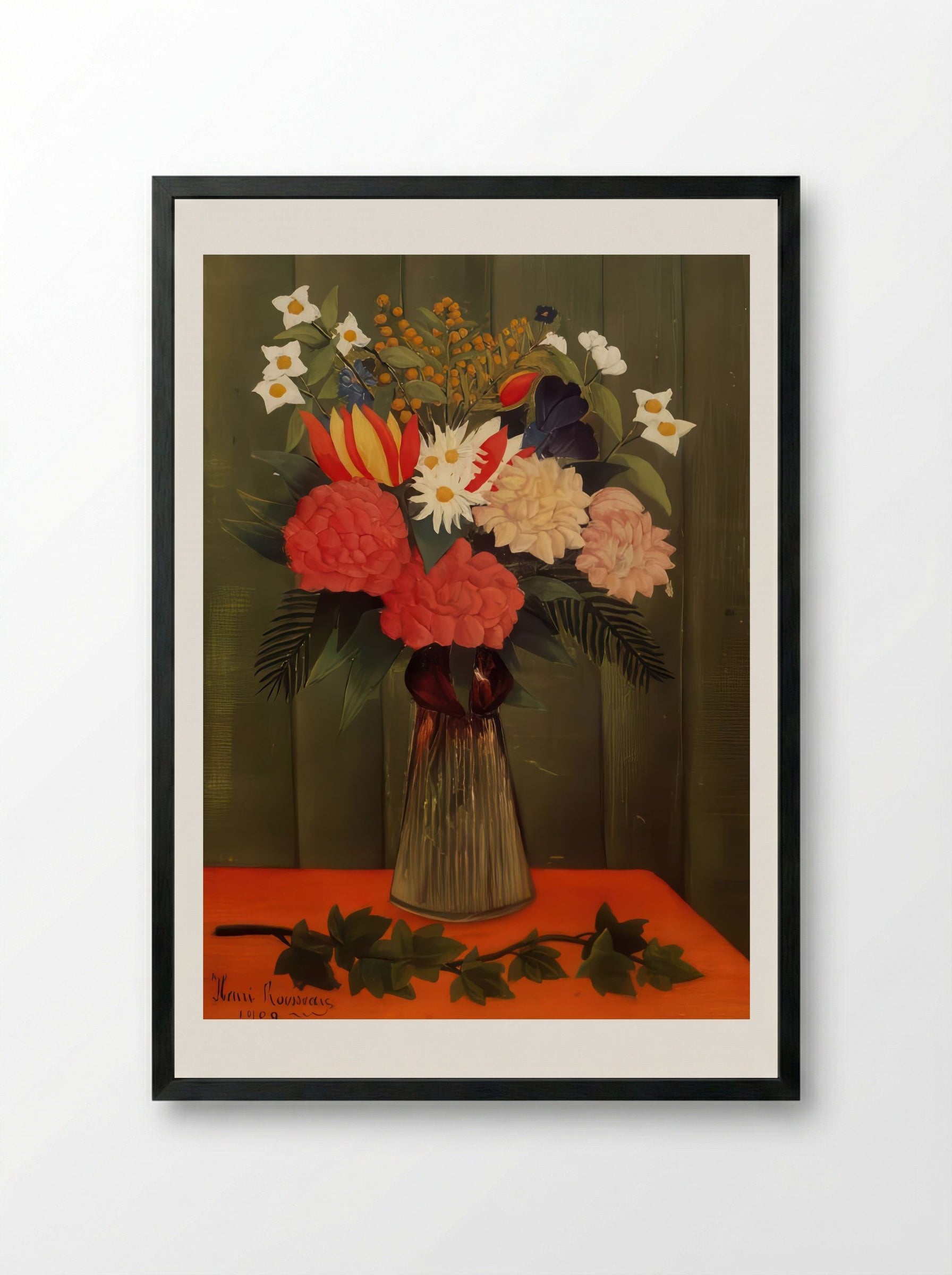 Bouquet of Flowers with Ivy Branch by Henri Rousseau – Vintage Botanical Still Life Print - Framed Print Black
