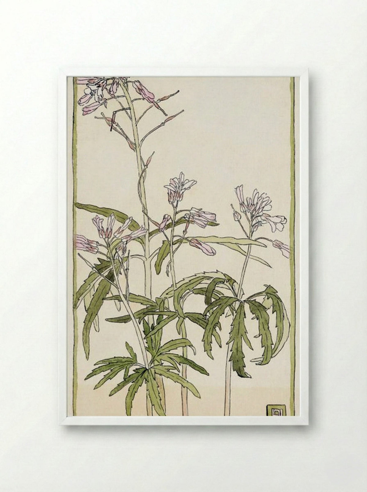 Pink Flowers with Spiky Green Leaves - Hannah Borger Overbeck - Framed Print White