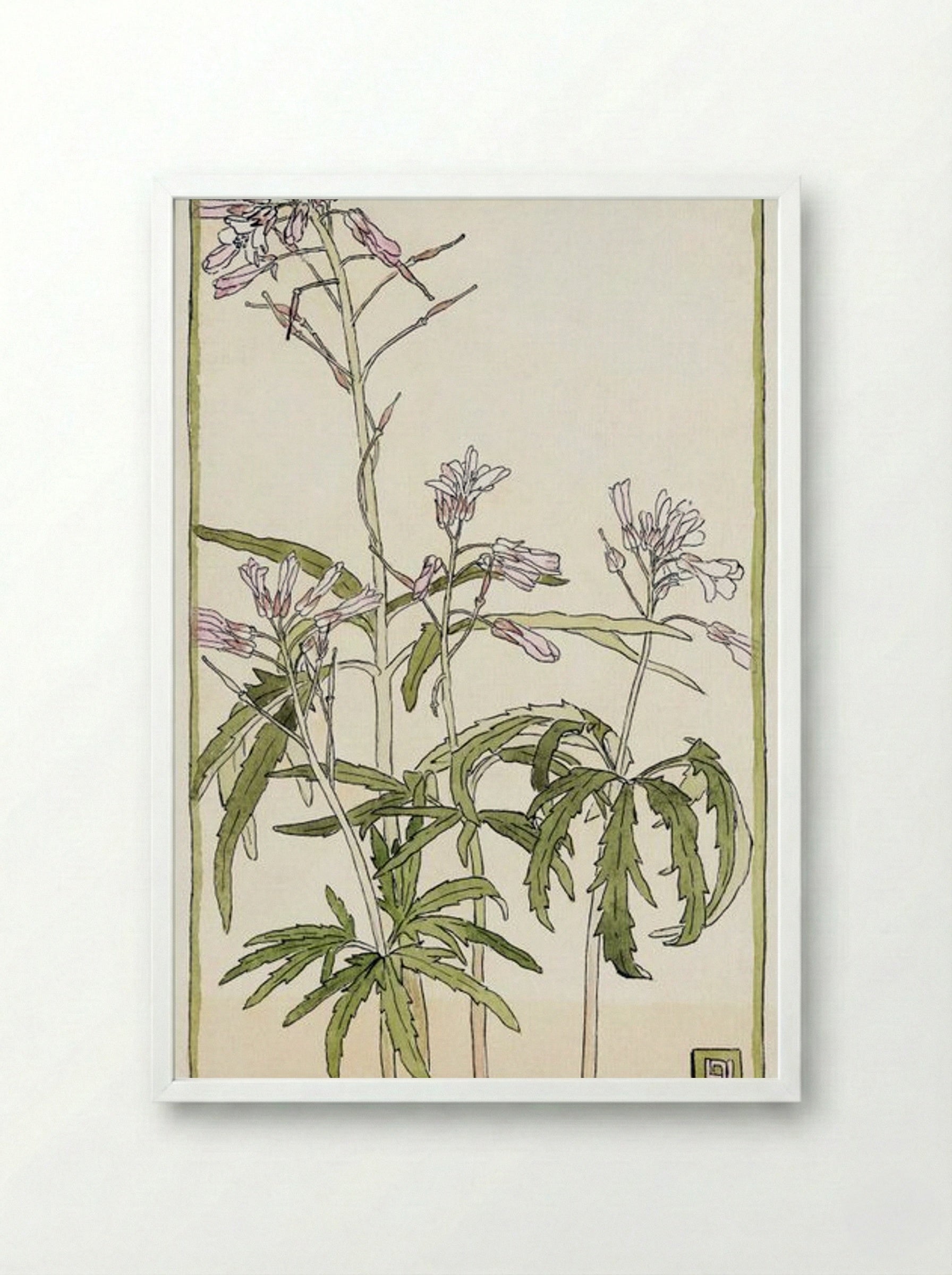Pink Flowers with Spiky Green Leaves - Hannah Borger Overbeck - Framed Print White