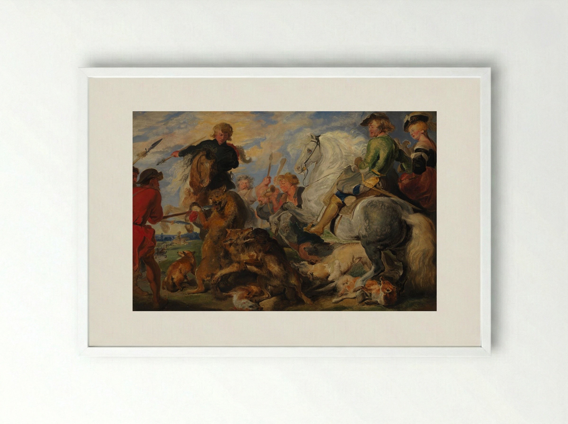 Copy after Rubens's Wolf and Fox Hunt - Peter Paul Rubens - Framed Print White