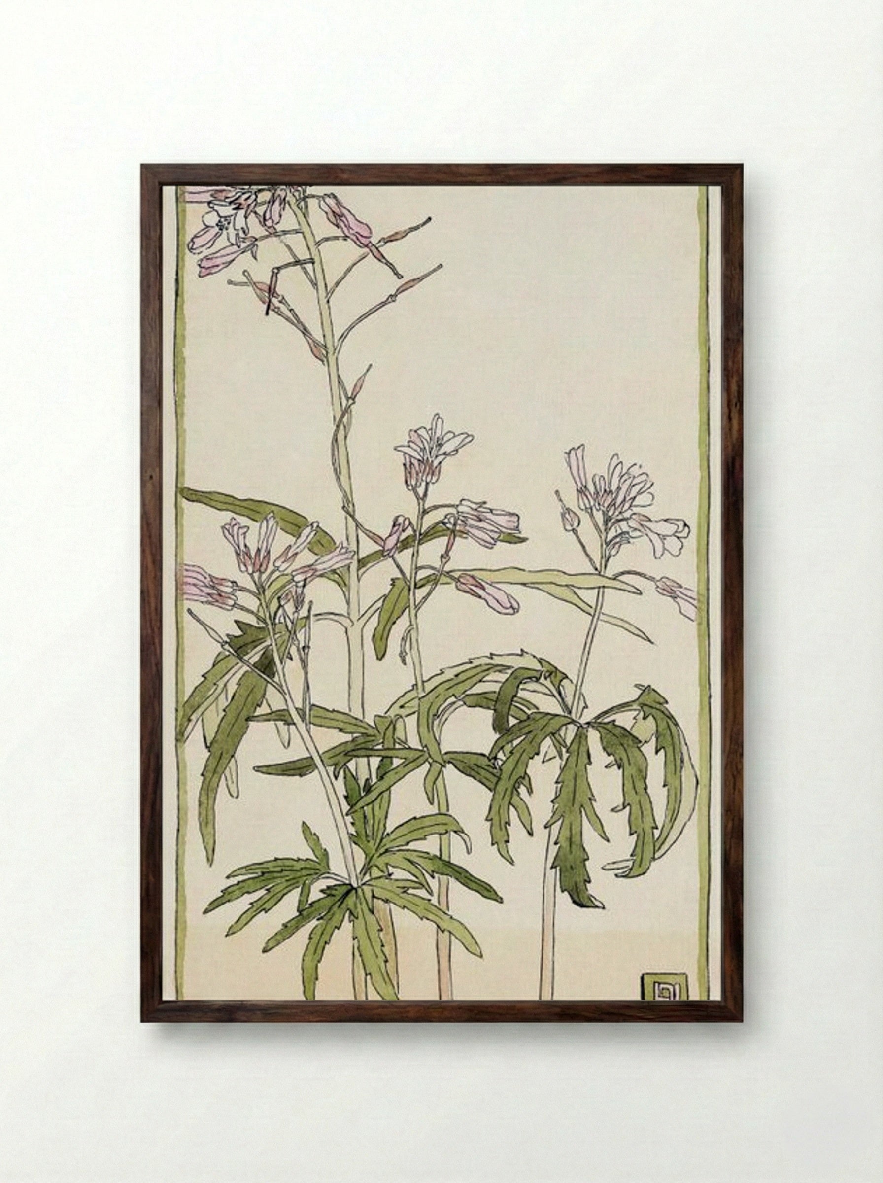 Pink Flowers with Spiky Green Leaves - Hannah Borger Overbeck - Framed Print Dark Wood