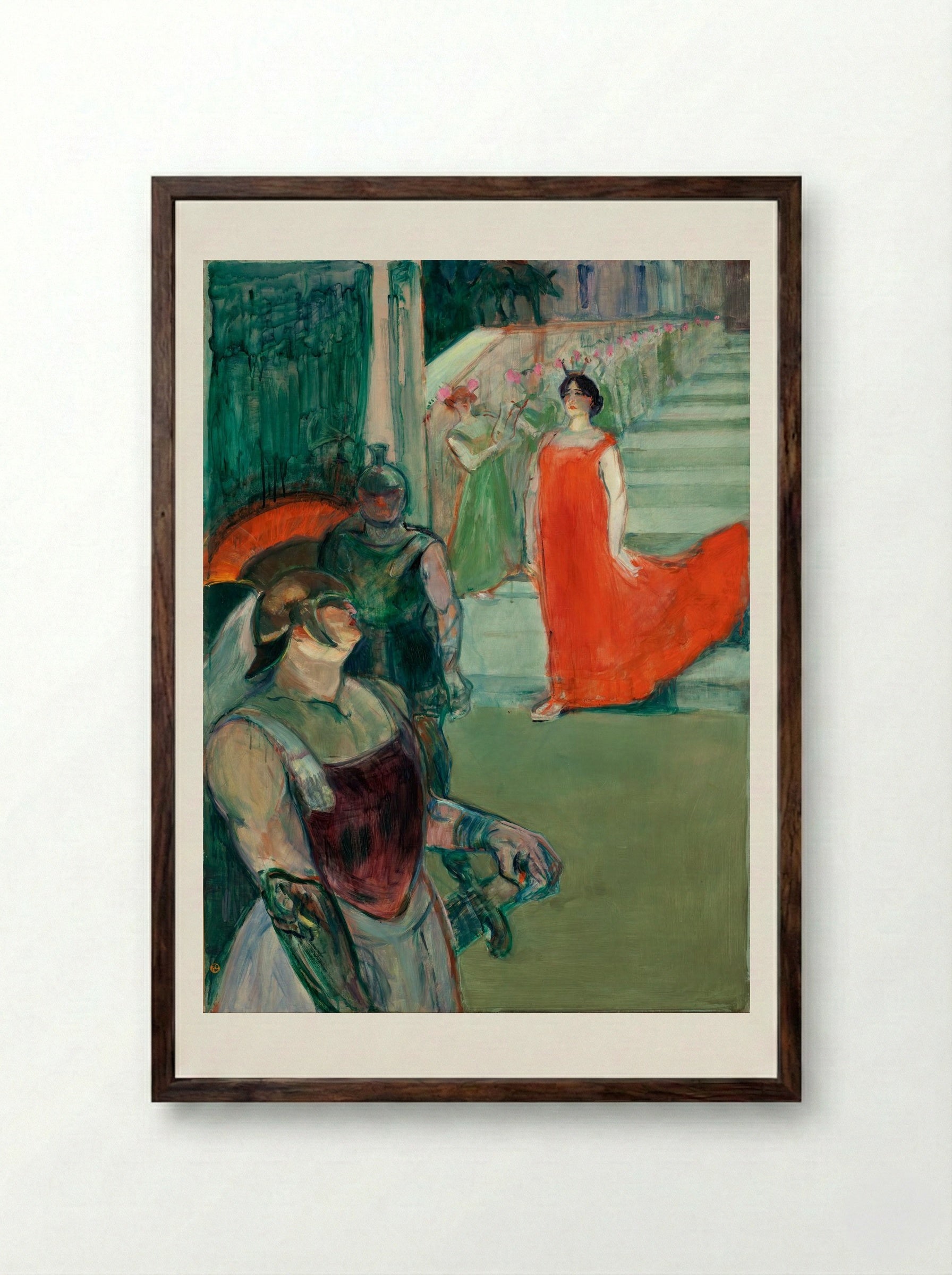 The Opera Messalina at Bordeaux: Messaline Descends the Staircase Bordered by Extras - Henri de Toulouse-Lautrec - Framed Print Dark Wood