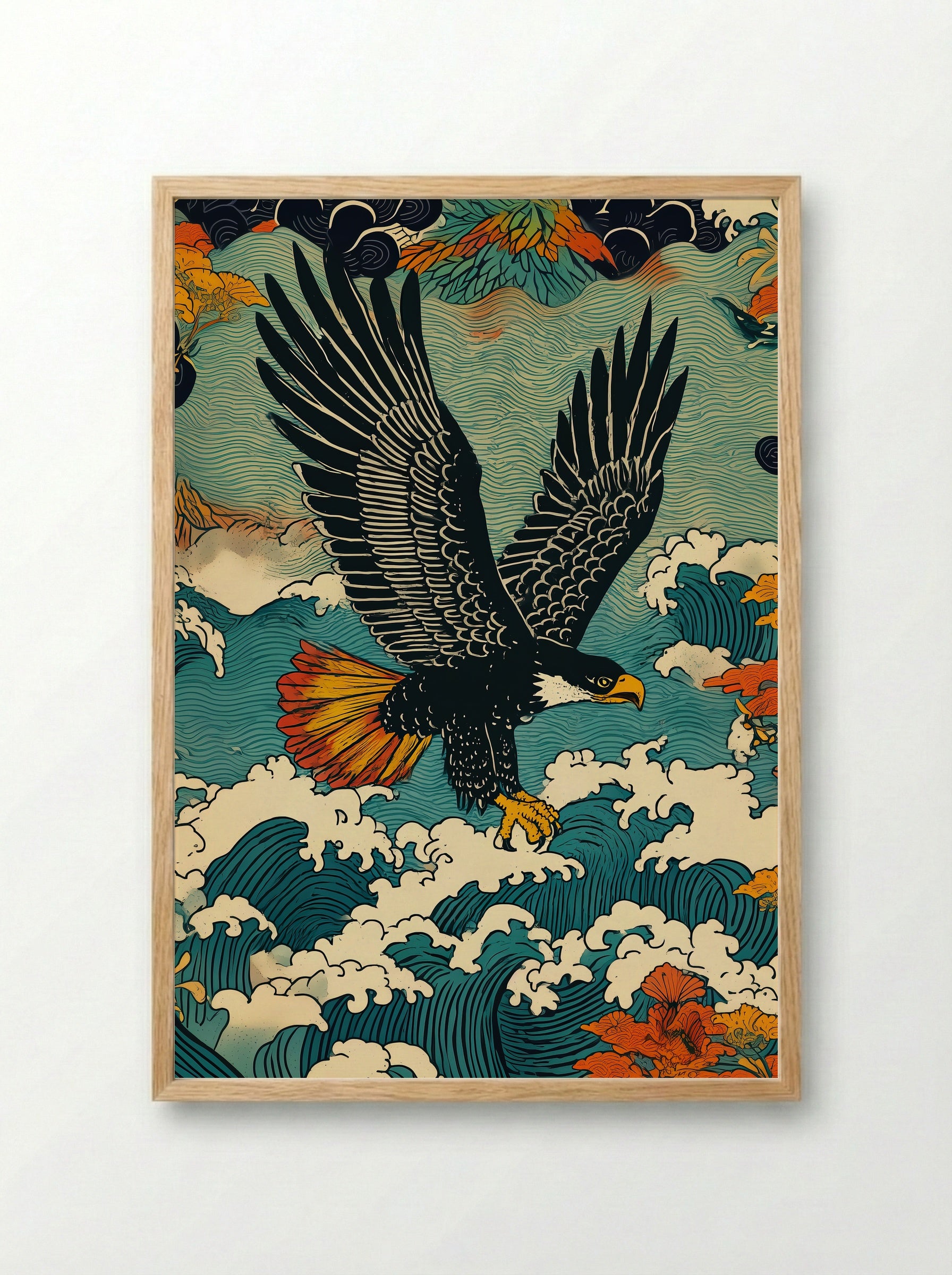 Eagle Above Waves and Blossoms - Japanese Tattoo Style Print - Framed Print Wood
