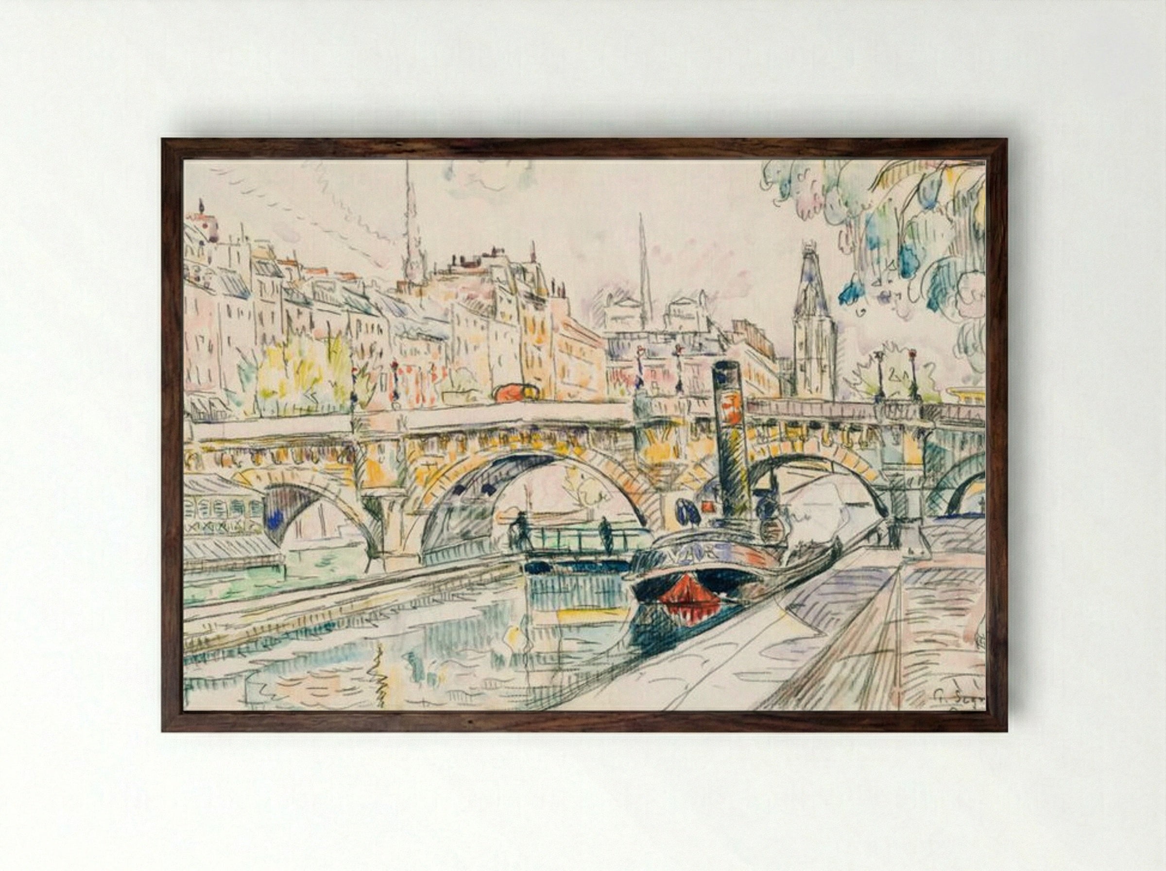 Tugboat at the Pont Neuf, Paris - Paul Signac - Framed Print Dark Wood