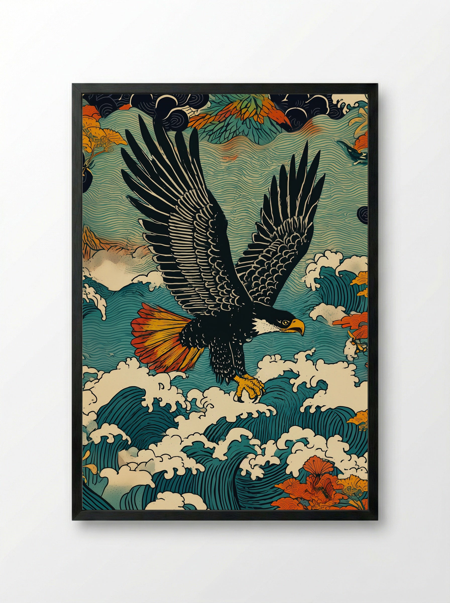 Eagle Above Waves and Blossoms - Japanese Tattoo Style Print - Framed Print Black