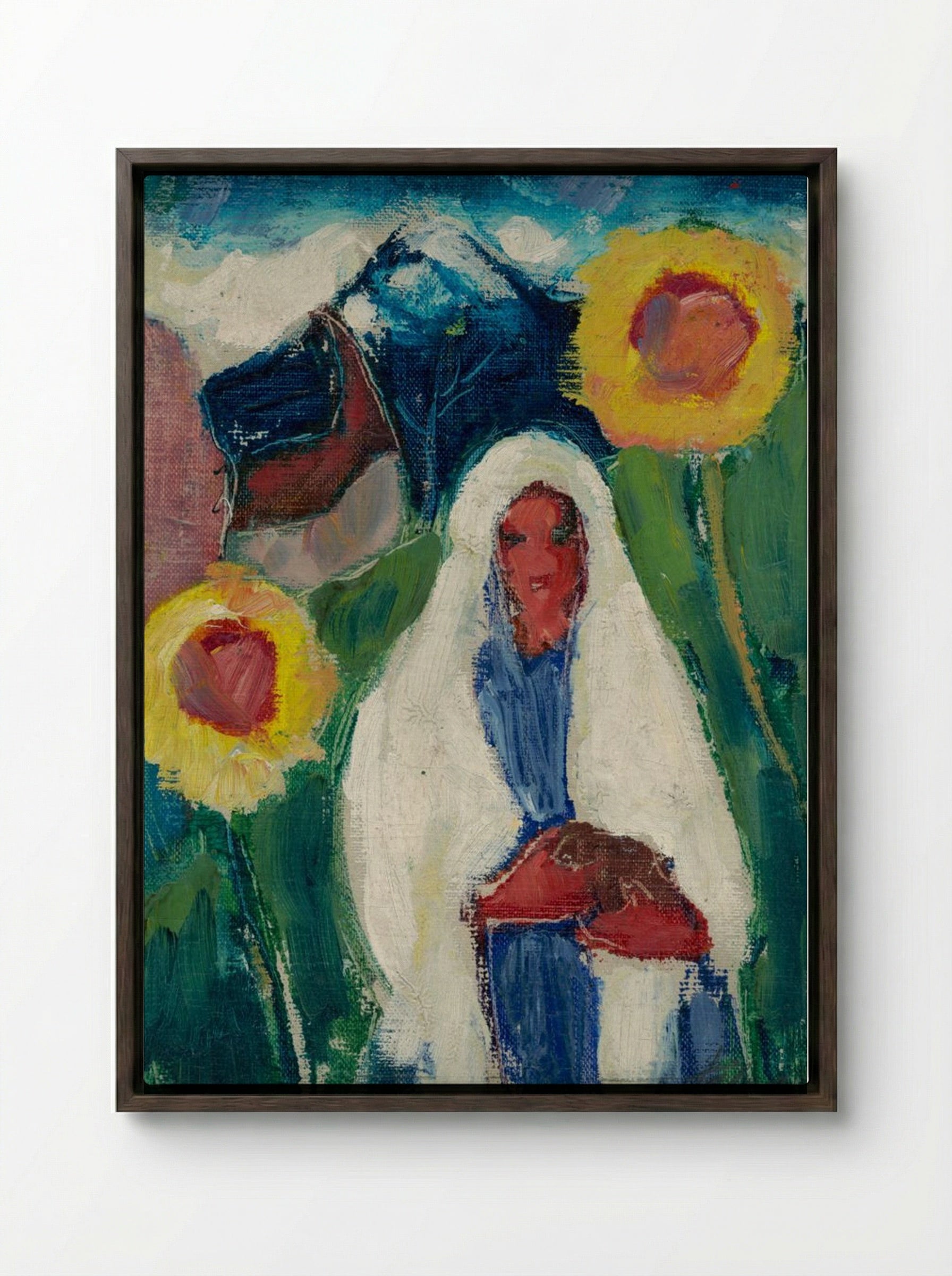 Sketch of a Woman Among Sunflowers - Zolo Palugyay - Framed Canvas Dark Wood