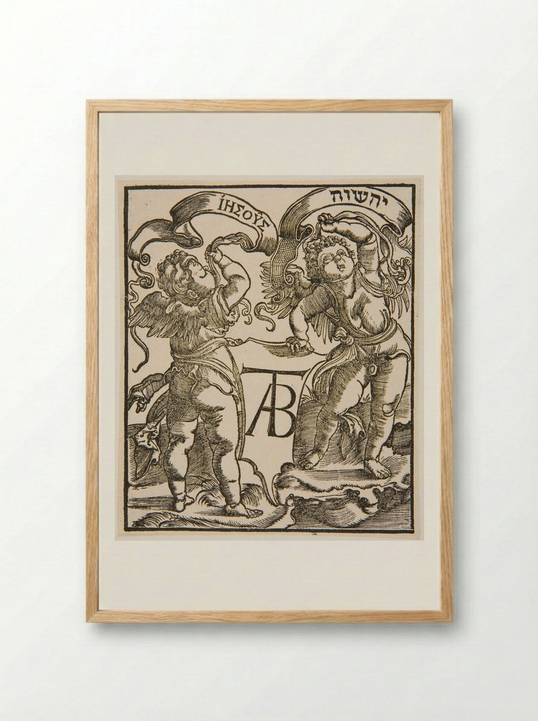 Two Angels Holding Banners with the Name Jesus - Hans Holbein the Younger - Framed Print Wood