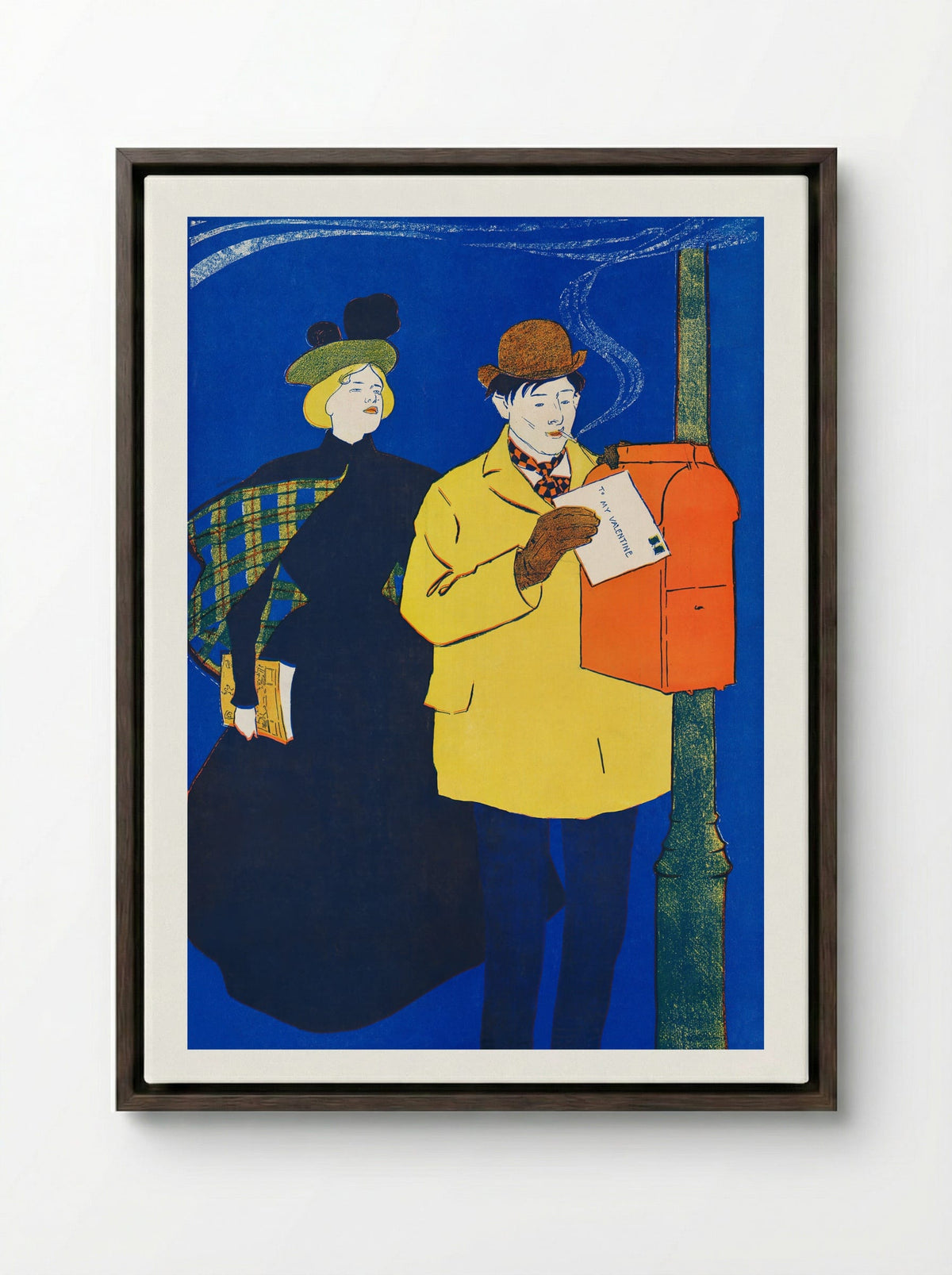 Man and Woman Sending Letter - Edward Penfield - Framed Canvas Dark Wood