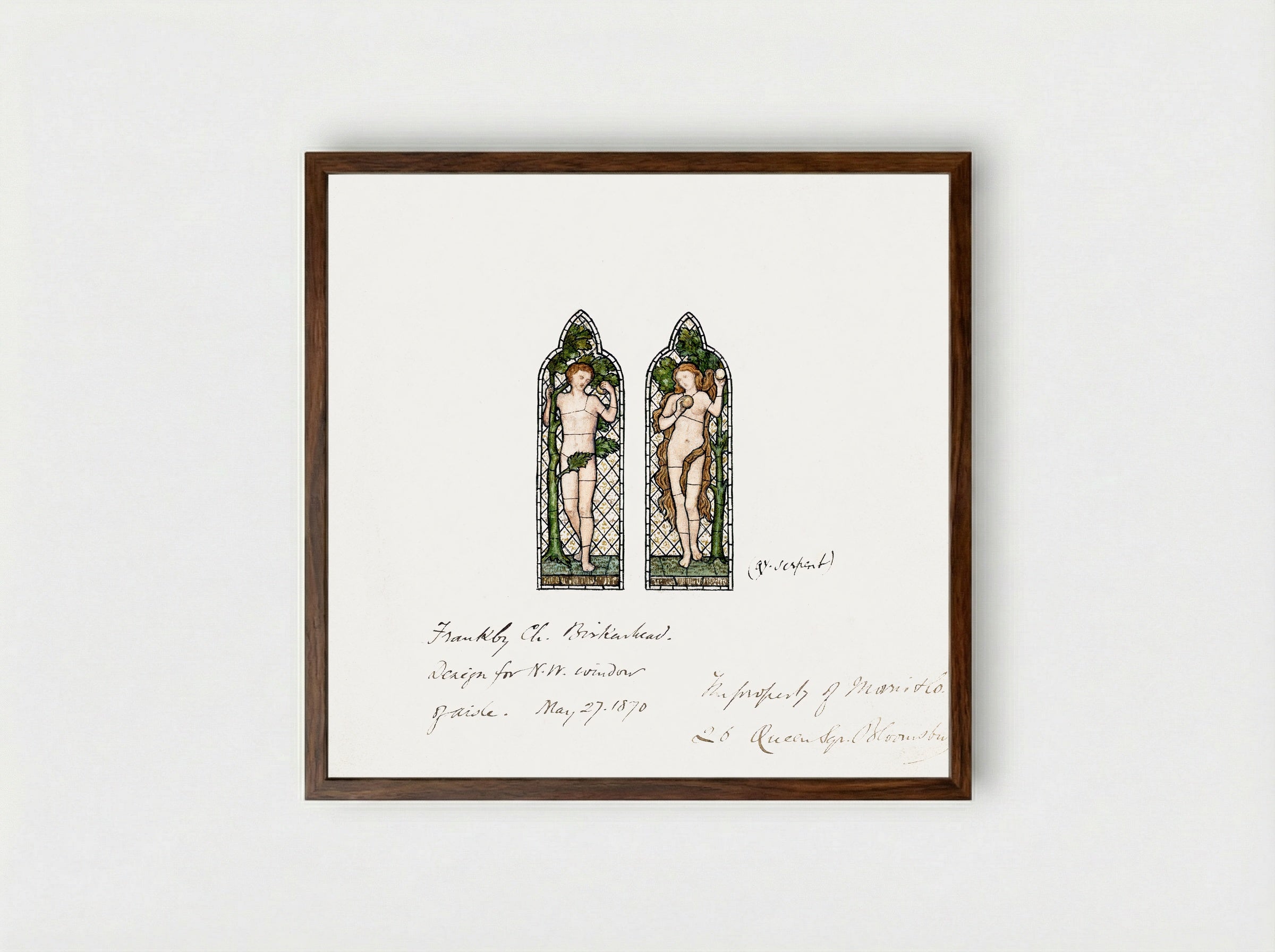 Design for Stained Glass Window: Adam and Eve - Fine Art Print - Framed Print Dark Wood
