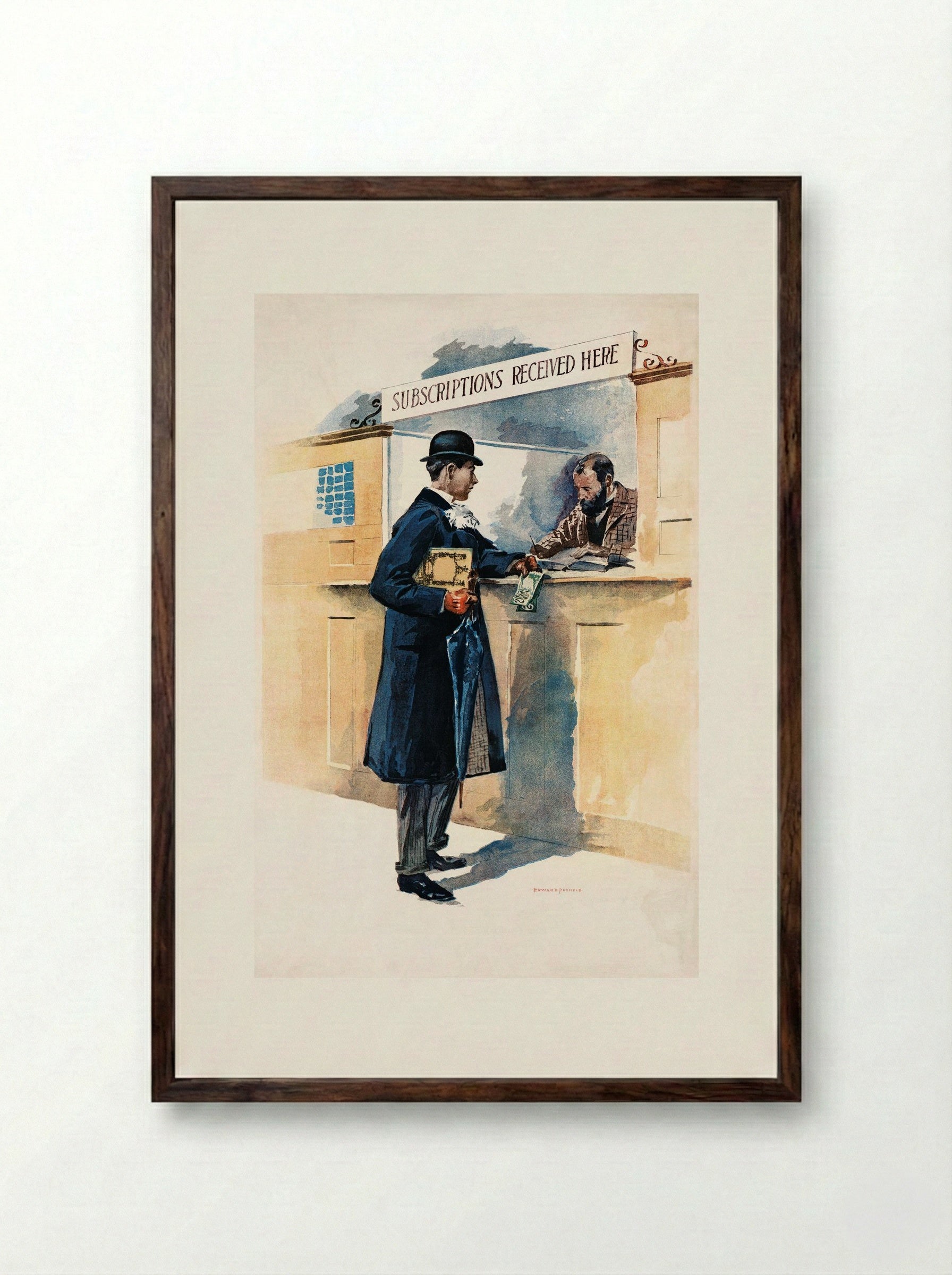 Man Getting Subscriptions - Edward Penfield - Framed Print Dark Wood