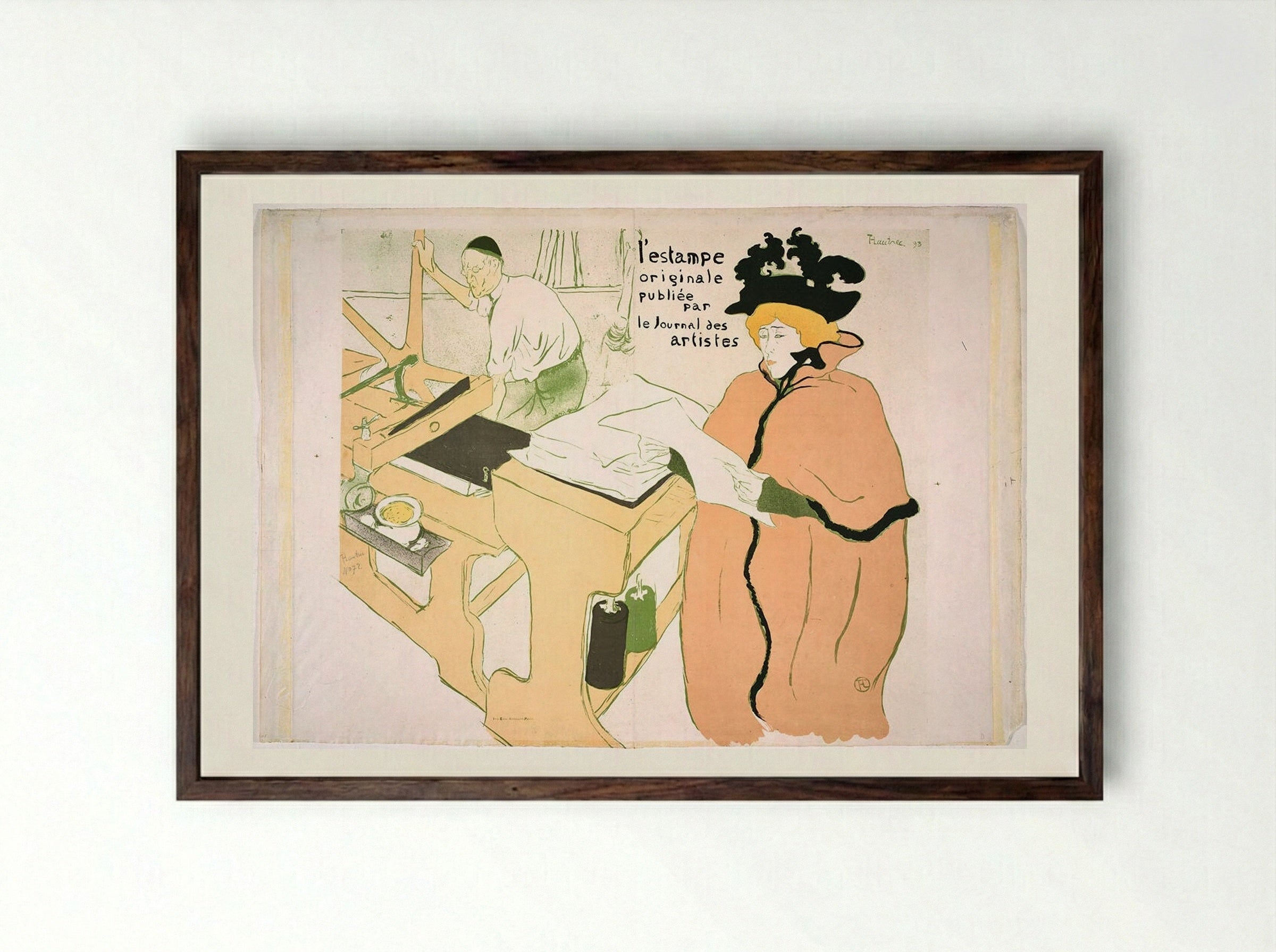 Jane Avril at the Lithography Workshop - Henri de Toulouse-Lautrec - Framed Print Dark Wood