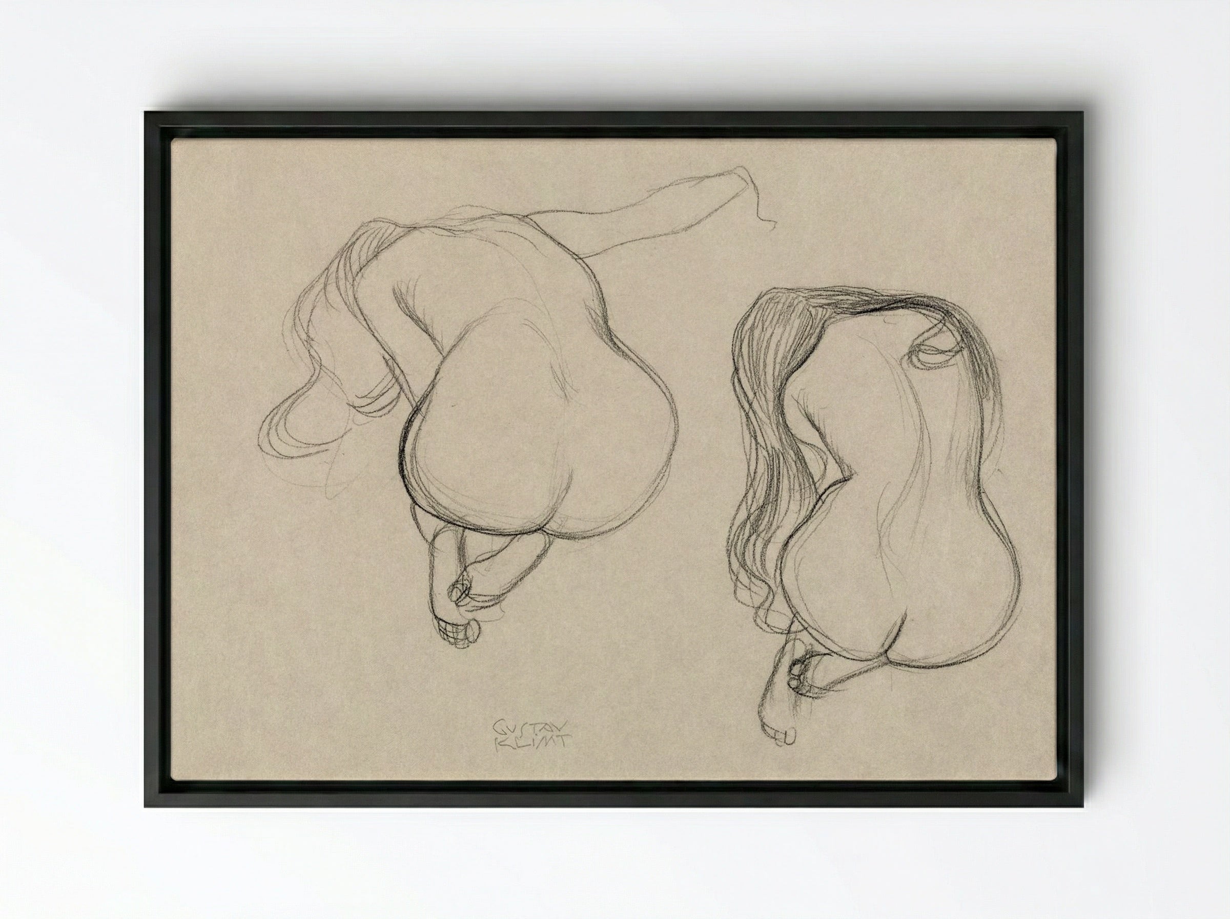 Two Studies of a Seated Nude with Long Hair - Gustav Klimt - Framed Canvas Black