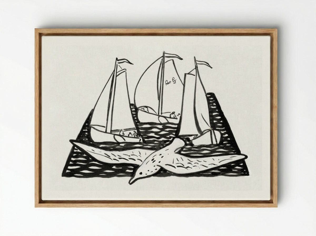 Three Sailing Ships and a Seagull - Leo Gestel - Framed Canvas Wood