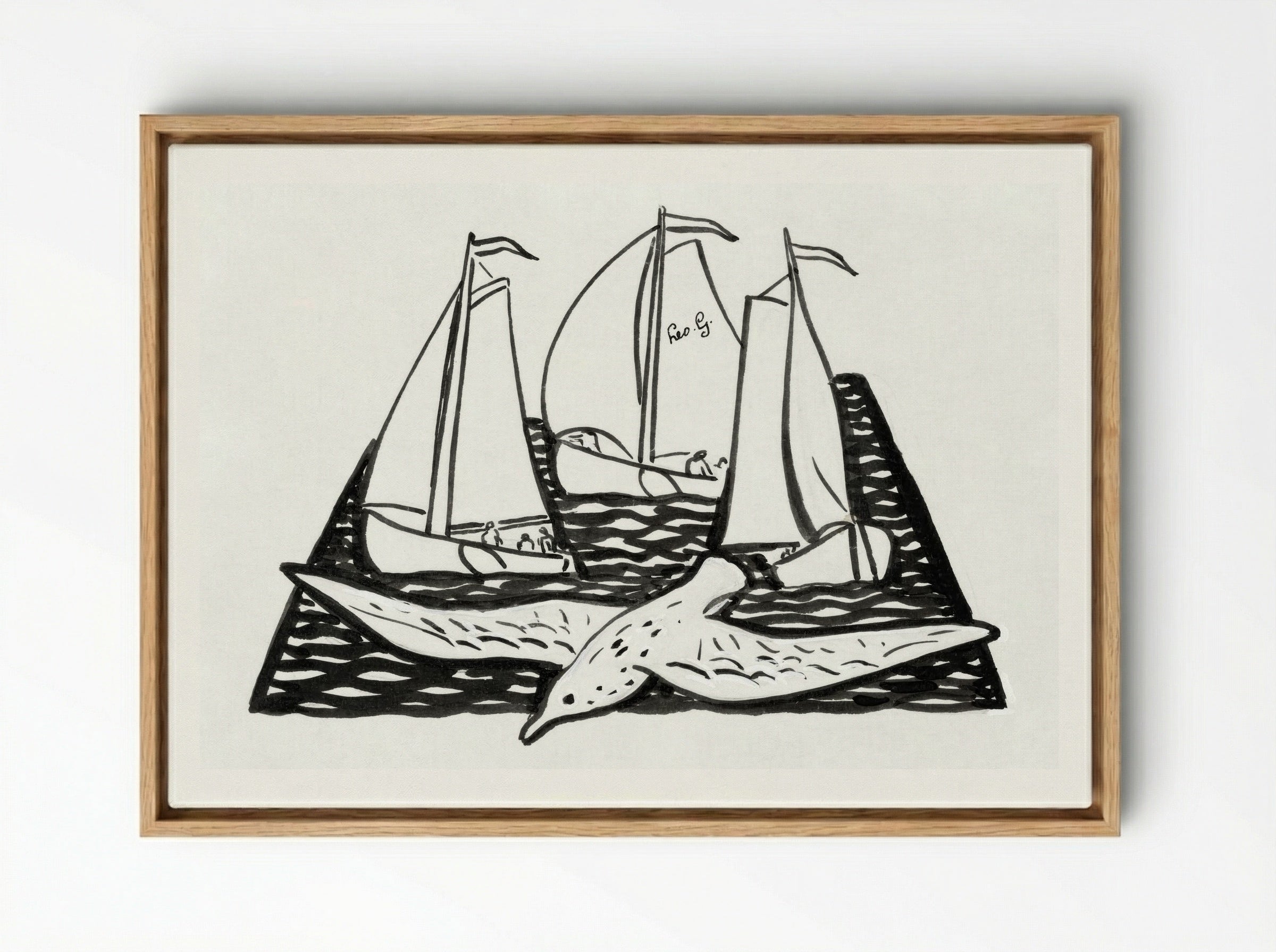 Three Sailing Ships and a Seagull - Leo Gestel - Framed Canvas Wood