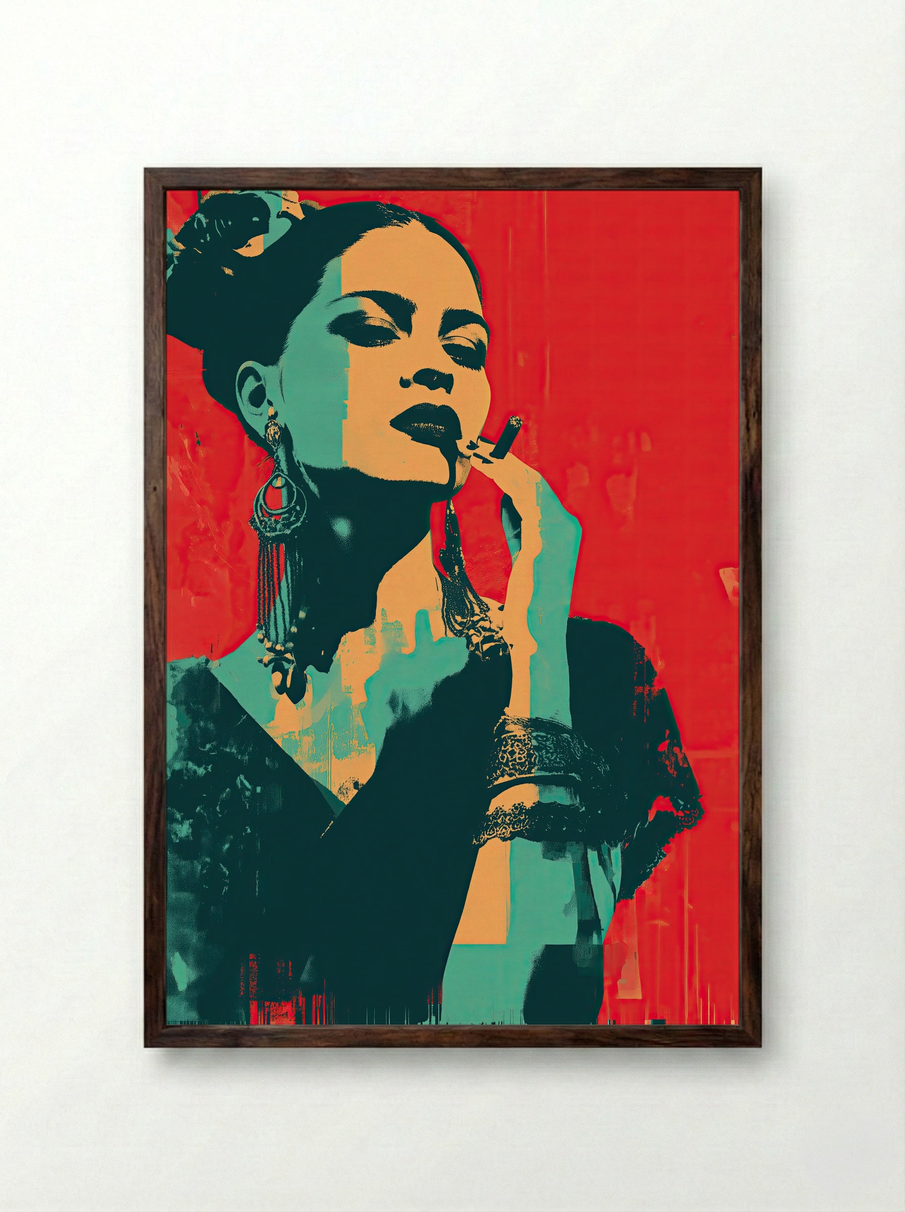 Carmen in Crimson – Bold Latin Pop Art Portrait - Framed Print Dark Wood