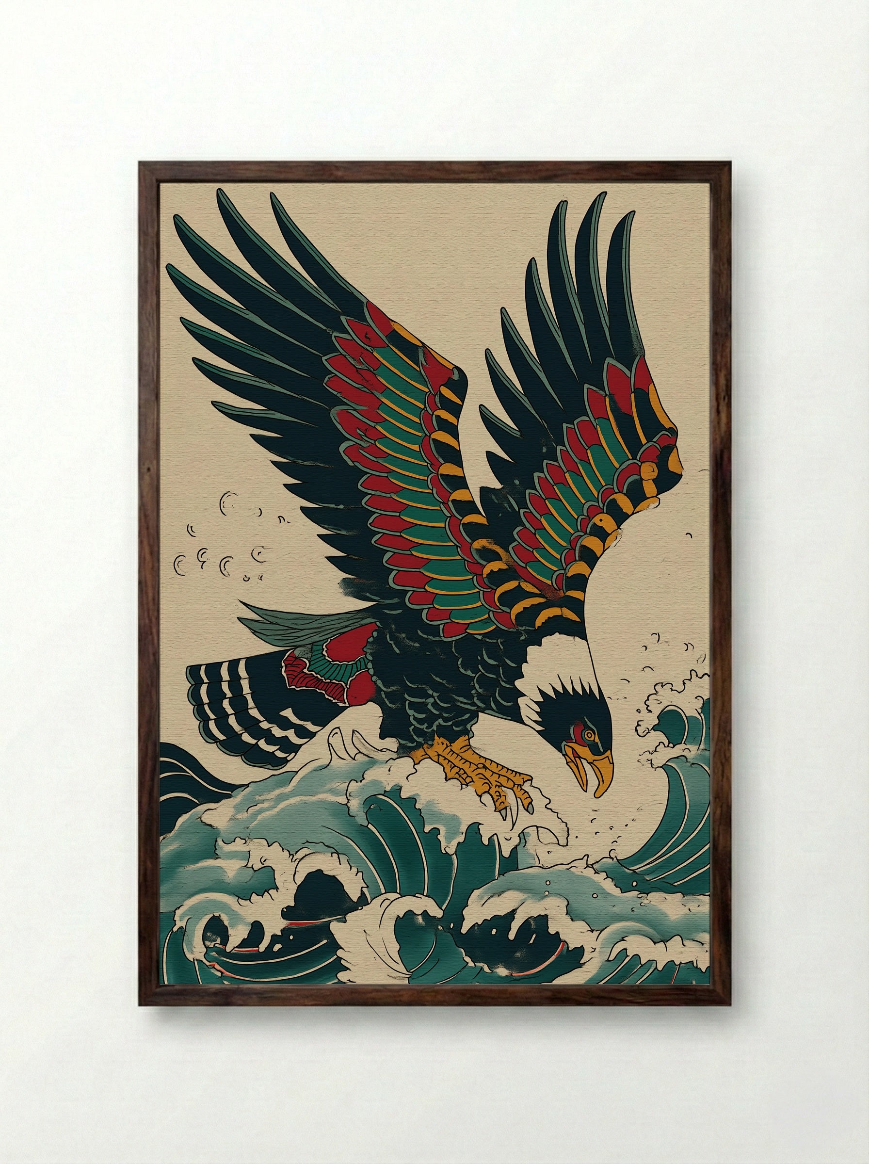 Eagle Over Waves - Japanese Inspired Art Print - Framed Print Dark Wood