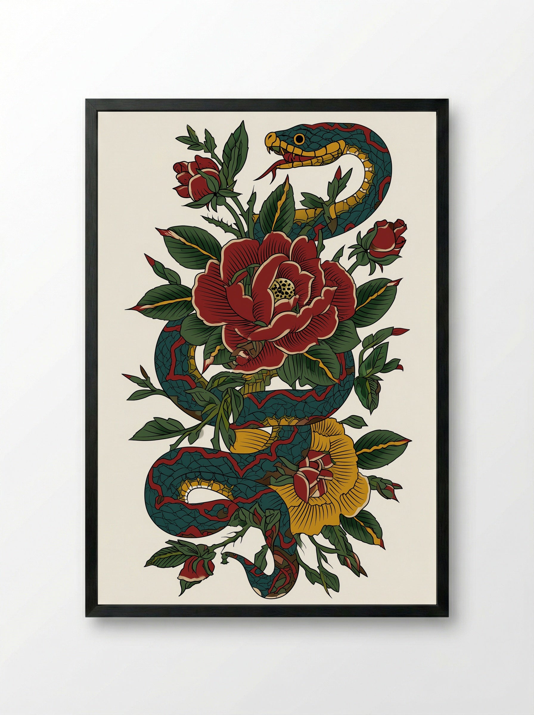 Snake and Roses - Neo Traditional Tattoo Art Print - Framed Print Black