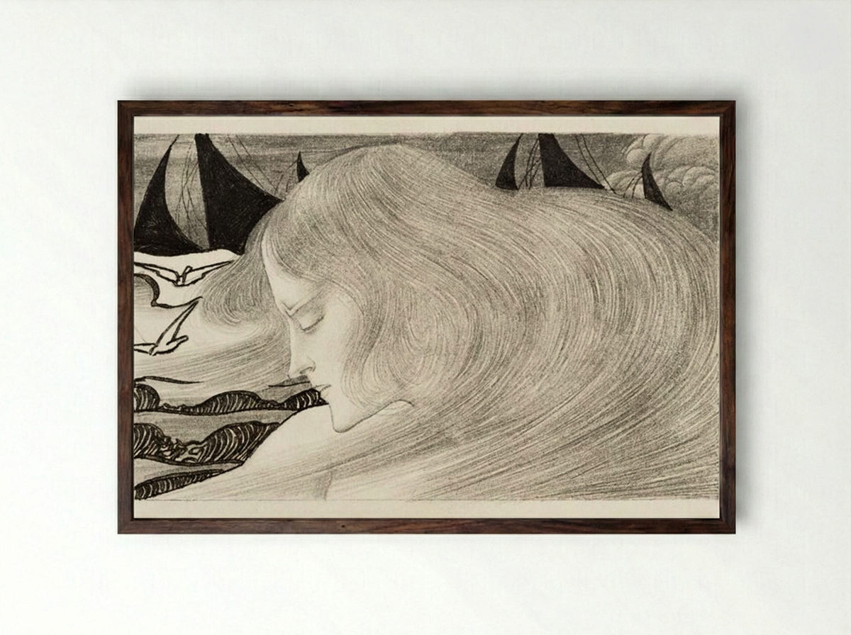 Young Woman with Wavy Hair in Front of a Sea with Ships - Jan Toorop - Framed Print Dark Wood