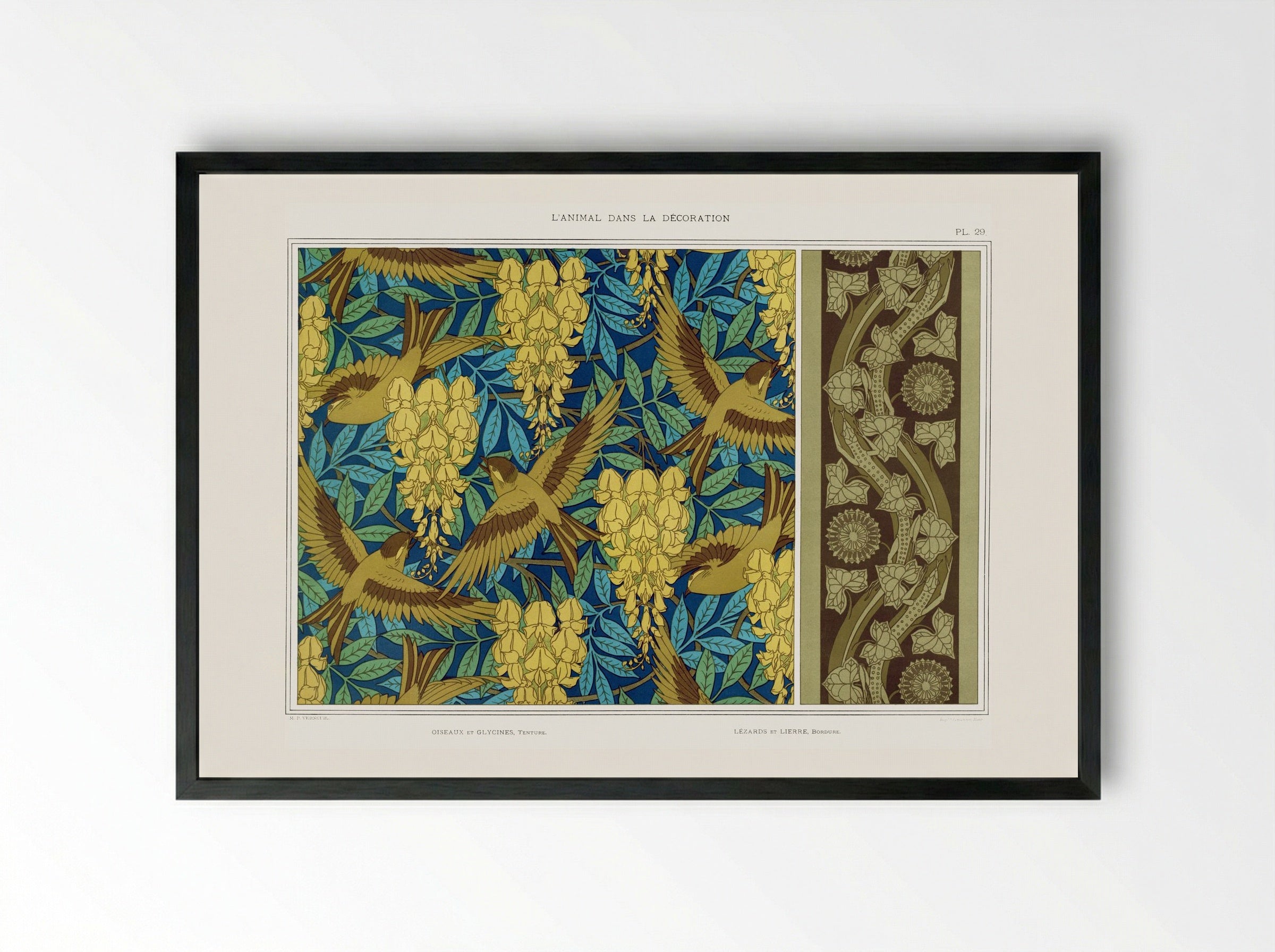 Oiseaux et Glycines, Tenture; Lézards et Lierre, Bordure - Maurice Pillard Verneuil - Framed Print Black