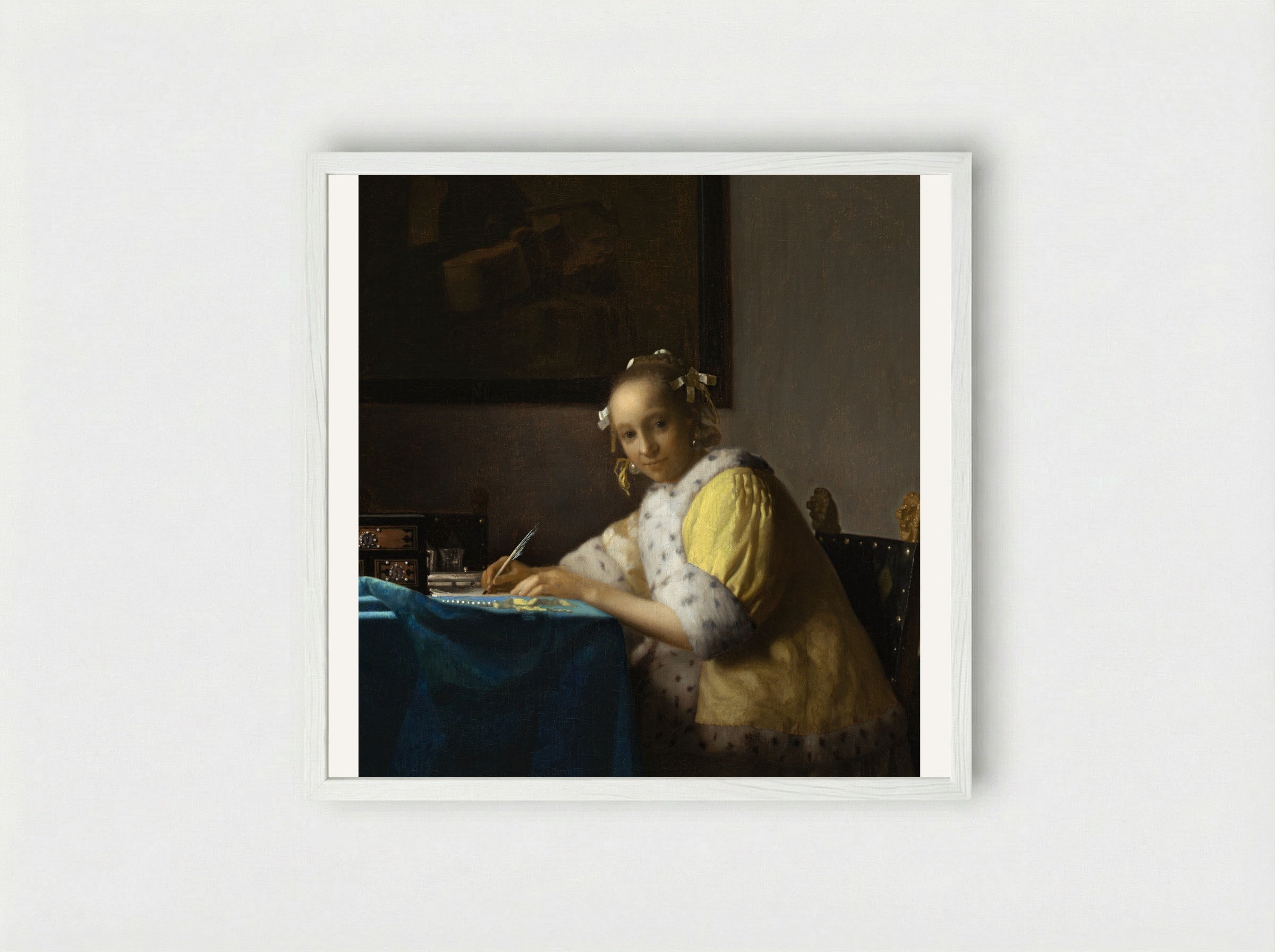 A Lady Writing a Letter - Johannes Vermeer - Framed Print White