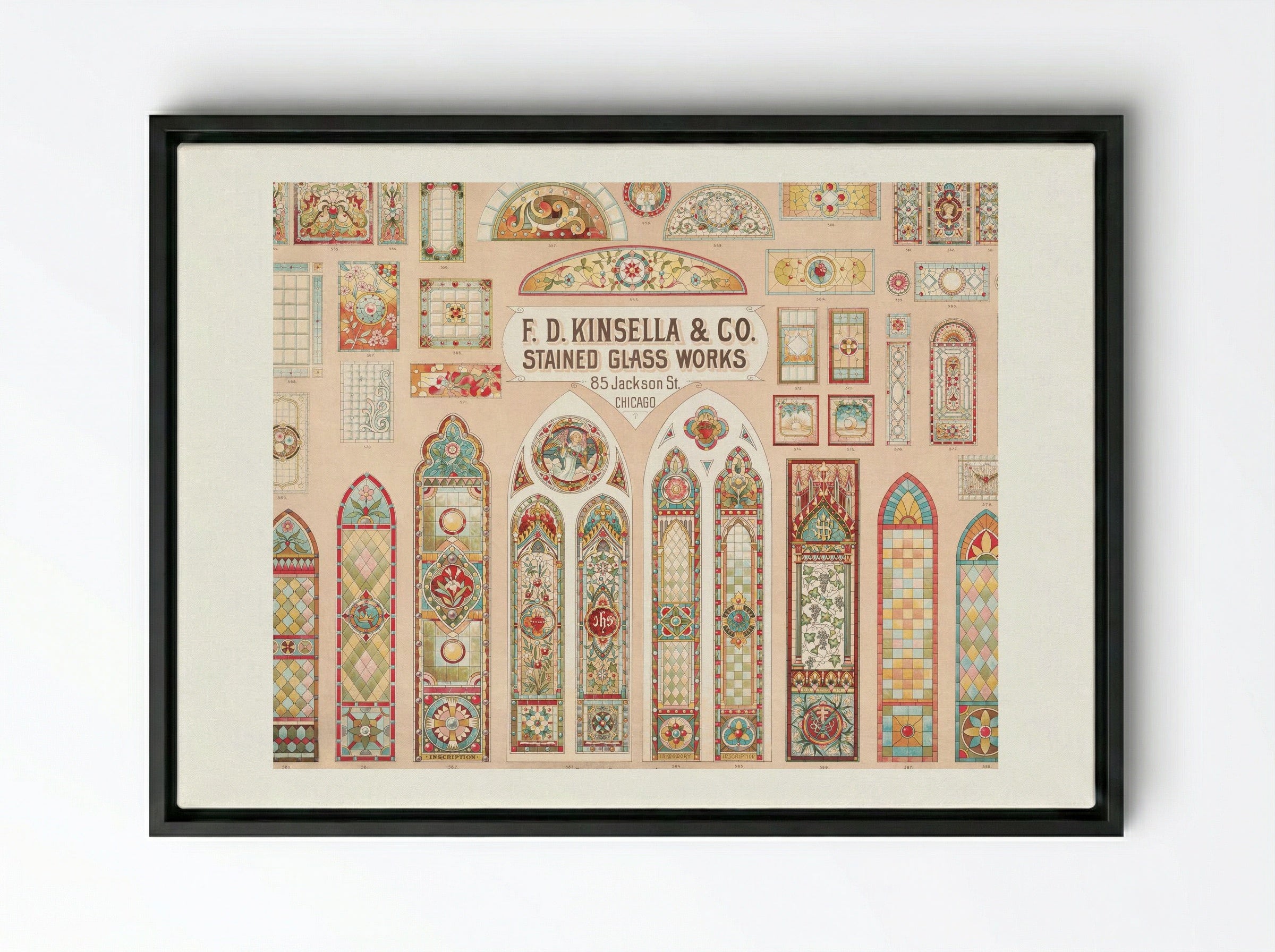 Stained Glass Works Designs - F. D. Kinsella & Co. - Framed Canvas Black