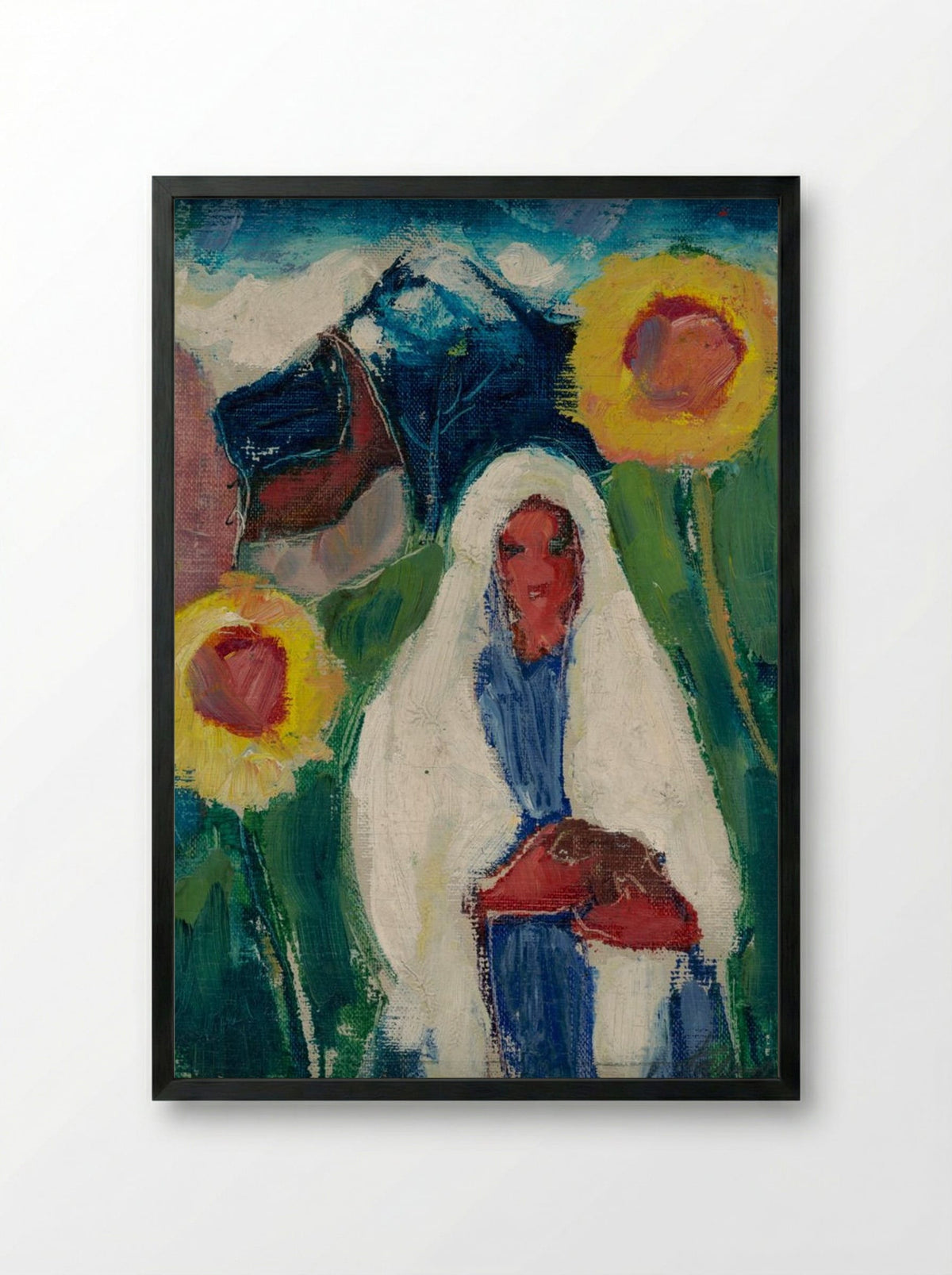 Sketch of a Woman Among Sunflowers - Zolo Palugyay - Framed Print Black