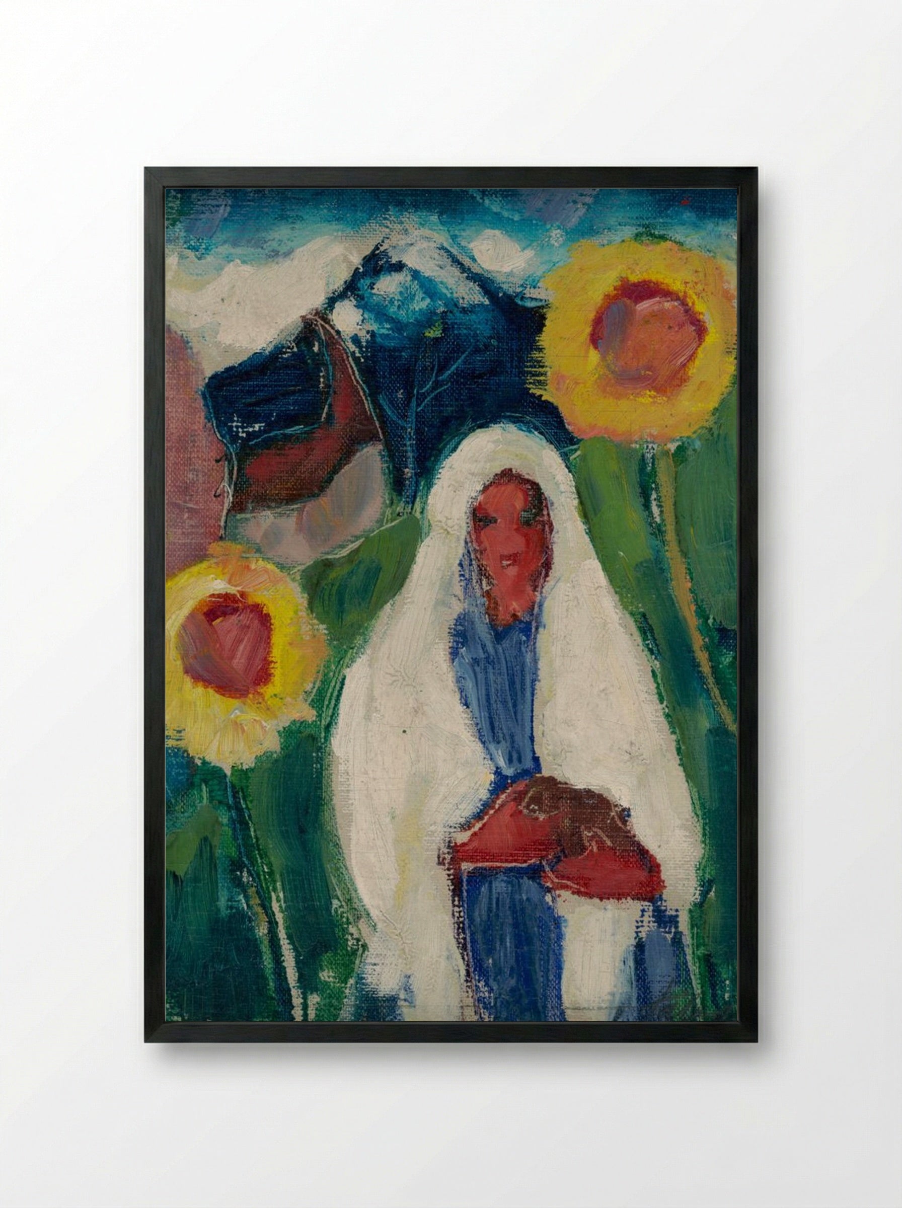 Sketch of a Woman Among Sunflowers - Zolo Palugyay - Framed Print Black