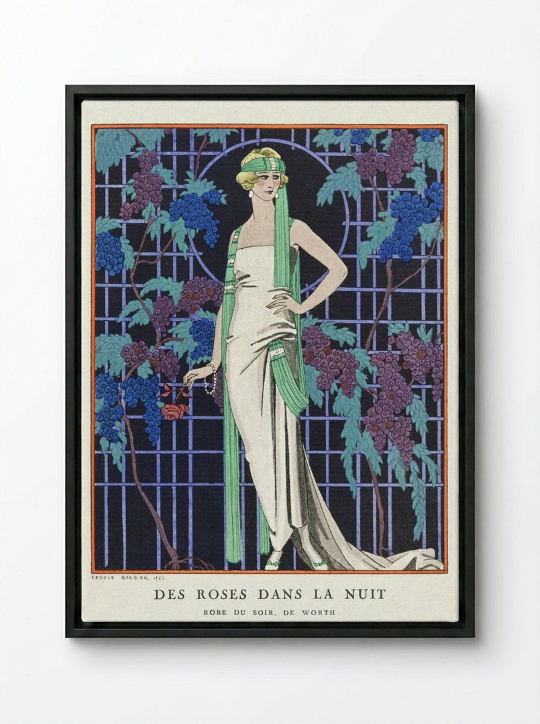 Des Roses dans la Nuit (Evening Dress by Worth) - George Barbier - Framed Canvas Black