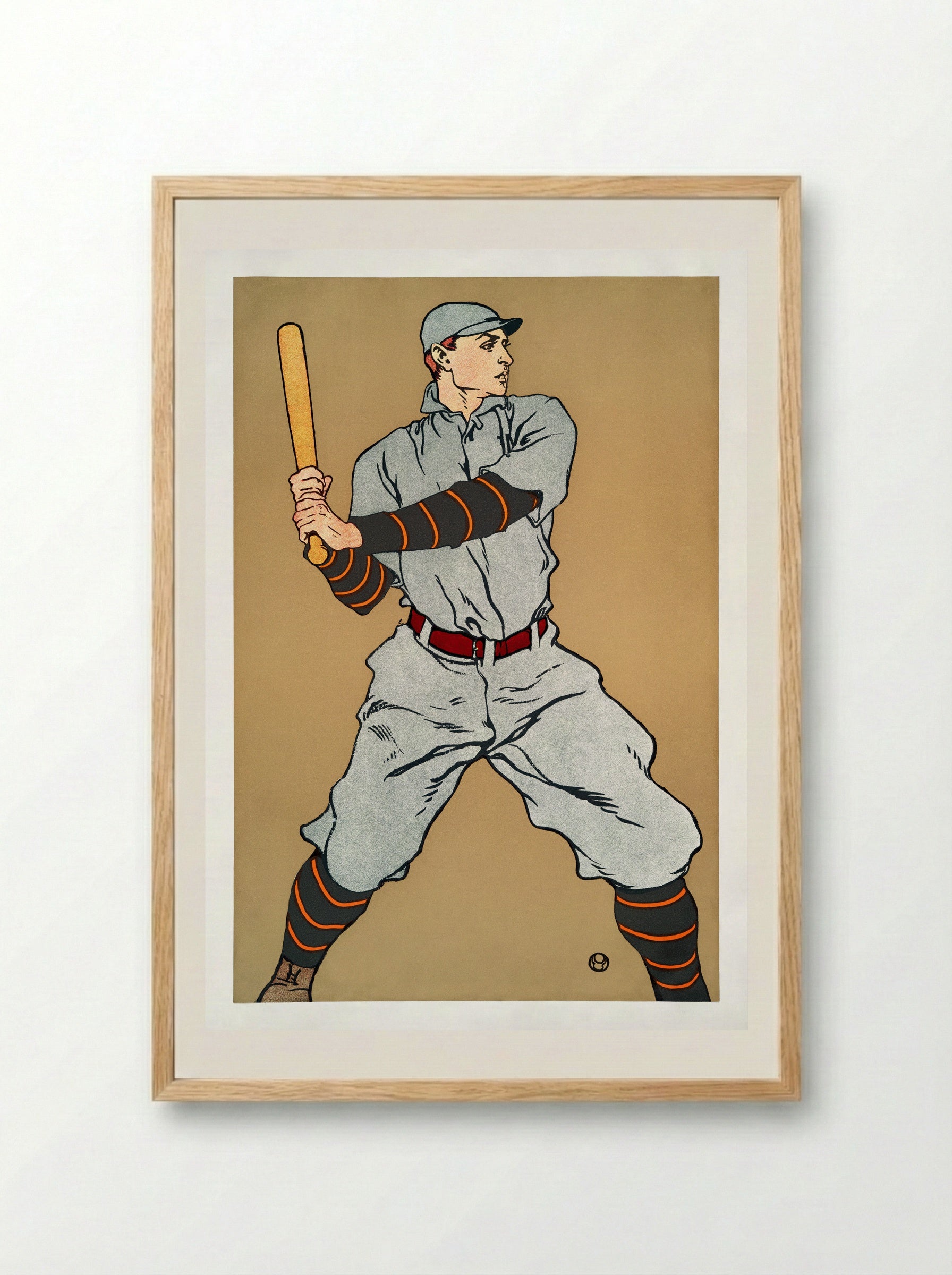 Baseball Player Holding a Bat - Edward Penfield - Framed Print Wood