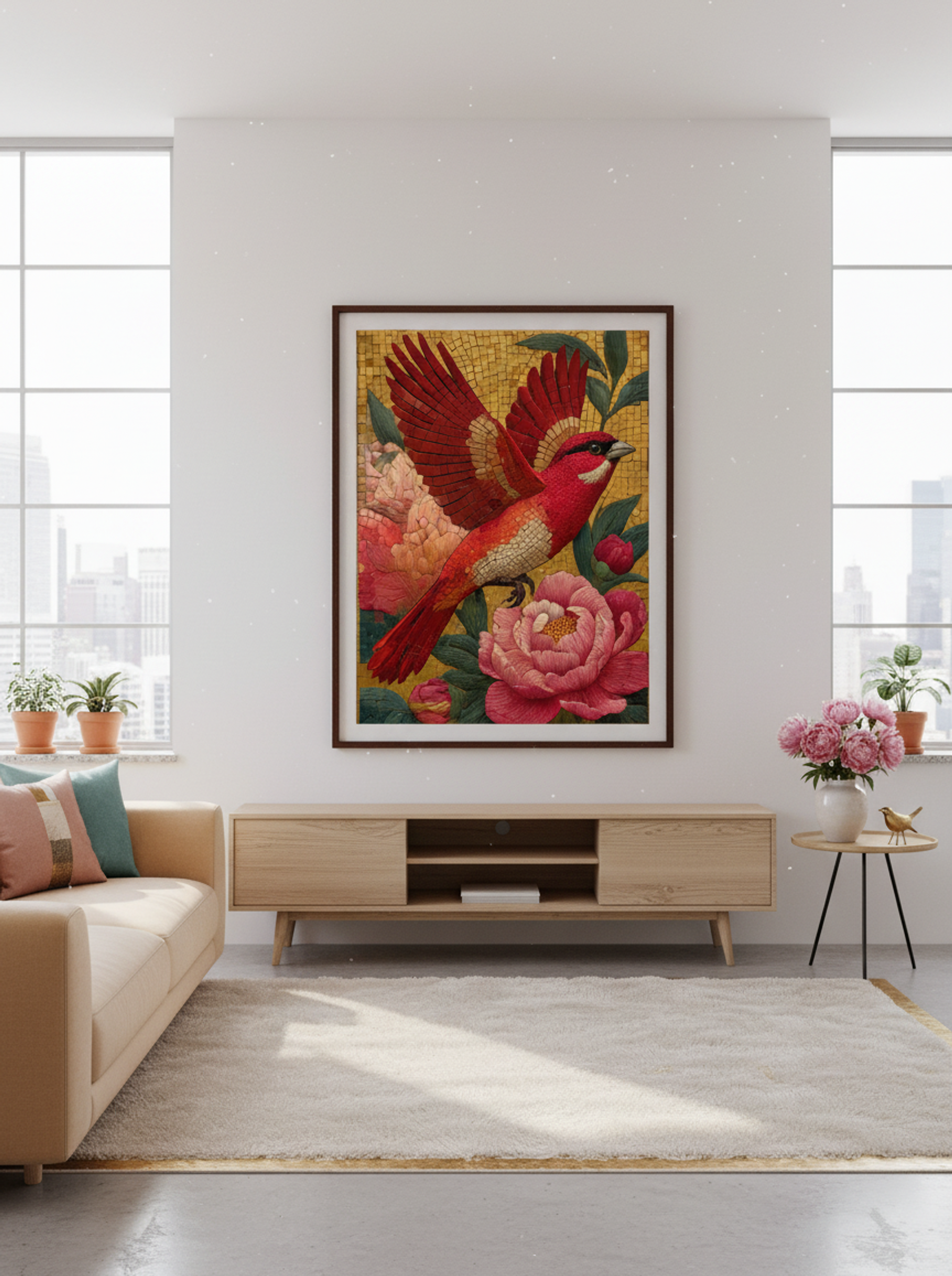 Phoenix Among Peonies in Golden Sky - Japanese Mosaic Print - Lifestyle