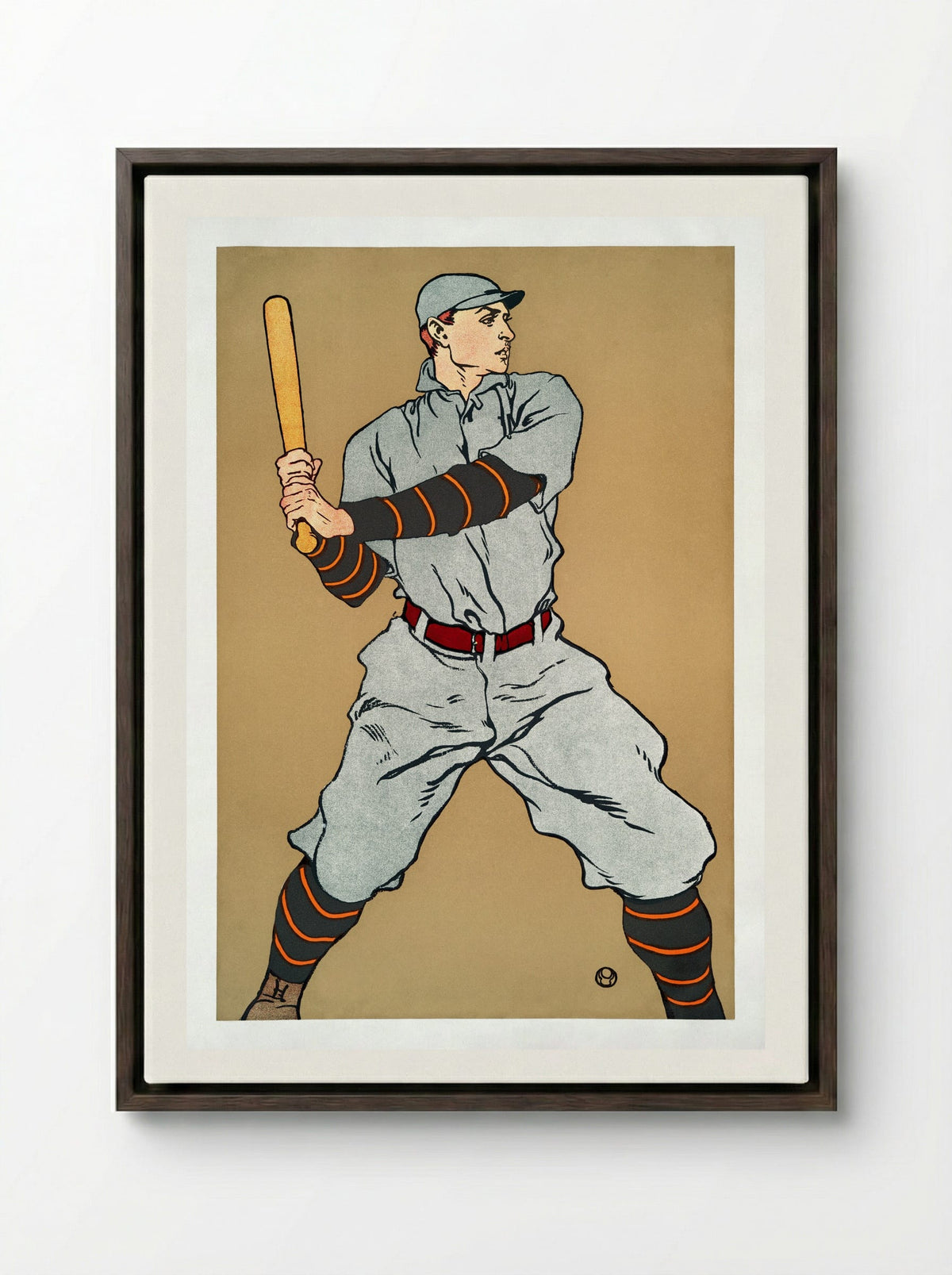 Baseball Player Holding a Bat - Edward Penfield - Framed Canvas Dark Wood