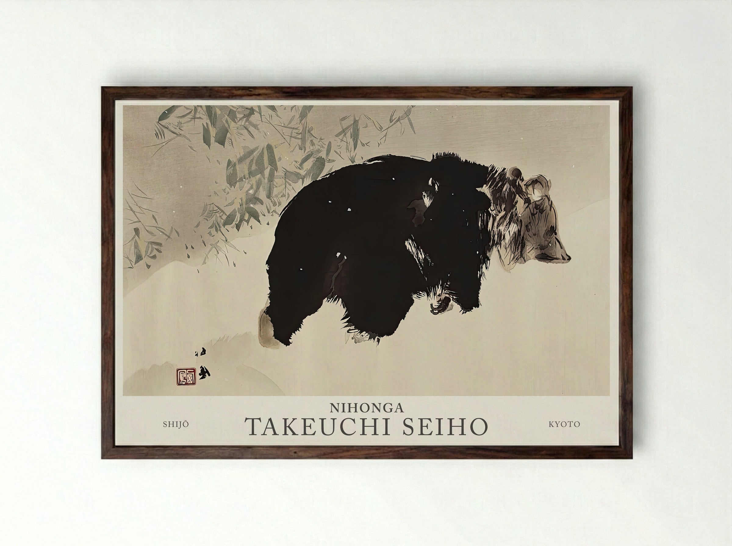 Seiho Twelve Fuji – Bear in the Snow Modern Print Reproduction - Framed Print Dark Wood