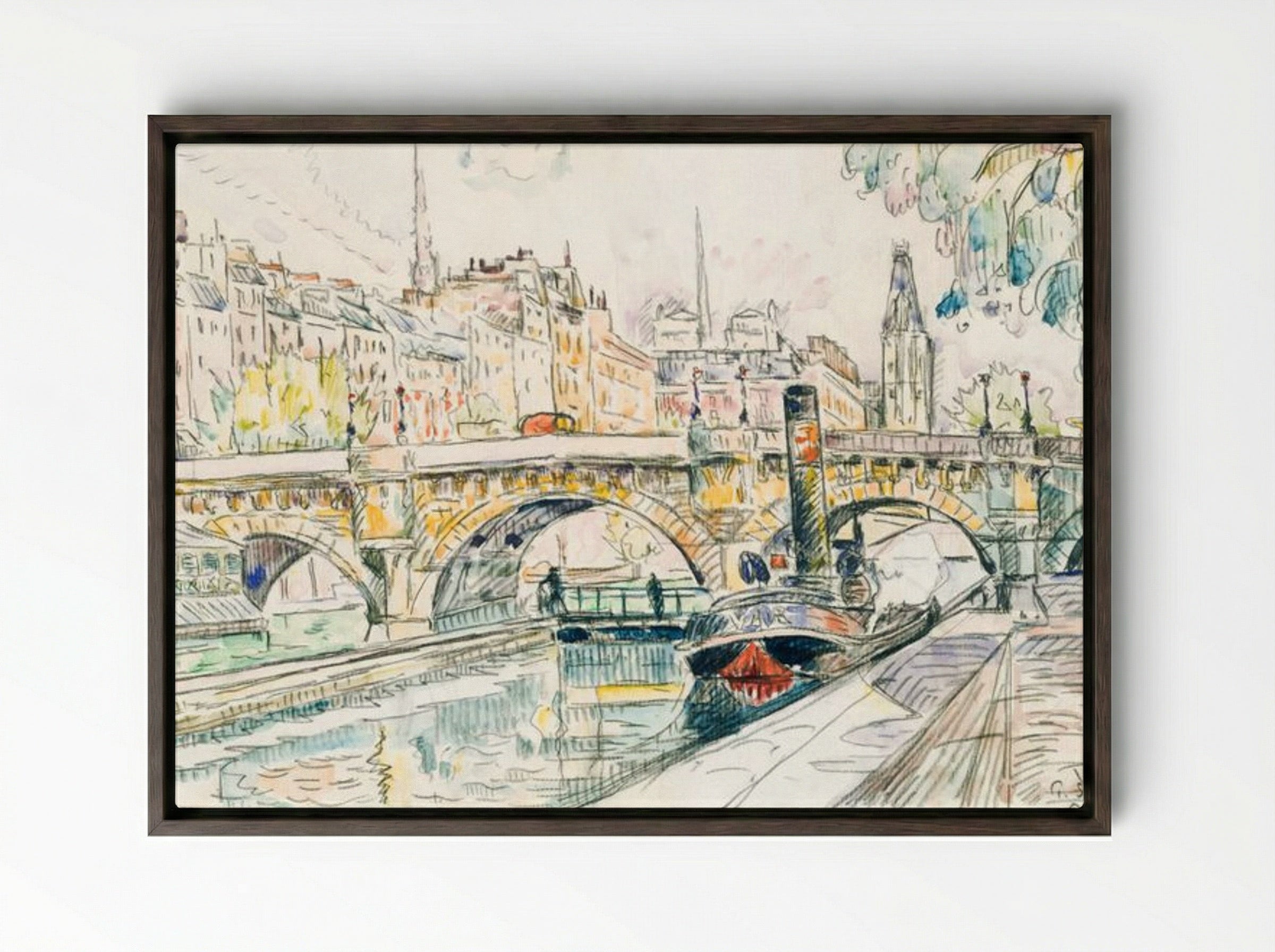 Tugboat at the Pont Neuf, Paris - Paul Signac - Framed Canvas Dark Wood