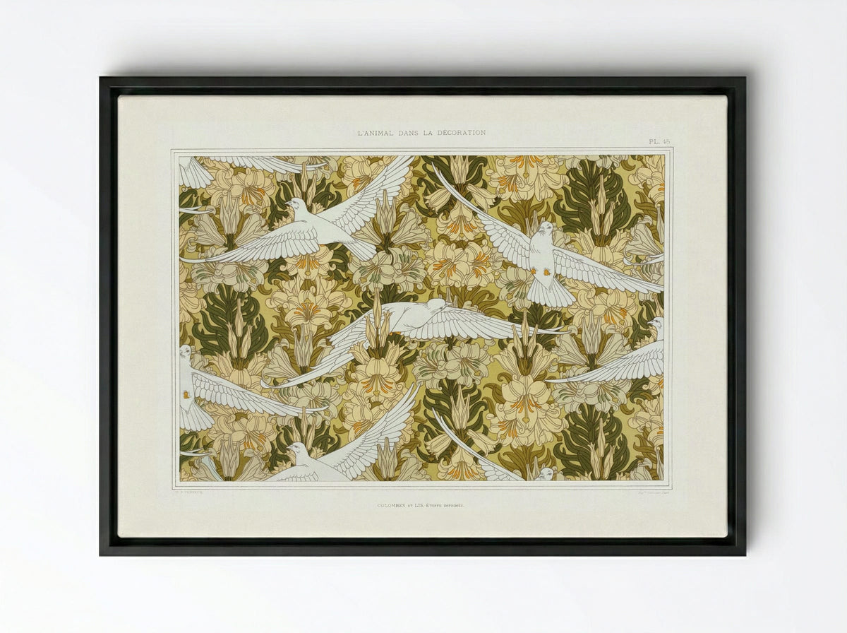 Colombes et Lis, Étoffe Imprimée (Doves and Lilies, Printed Fabric) - Maurice Pillard Verneuil - Framed Canvas Black