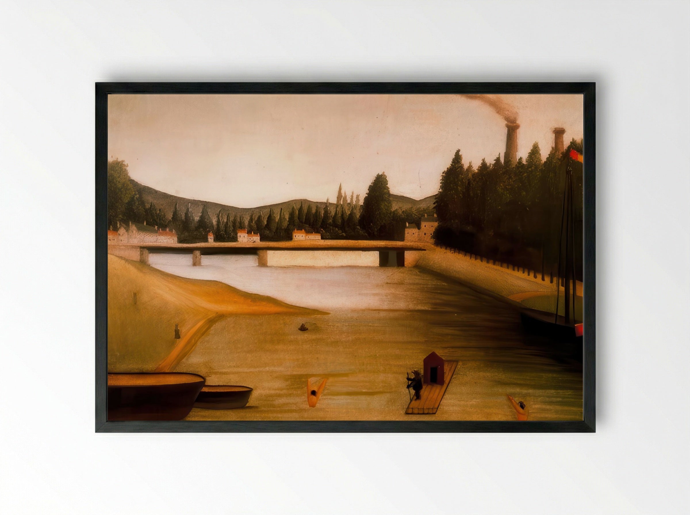 Bathing at Alfortville by Henri Rousseau – Naïve Art Riverside Scene Print - Framed Print Black