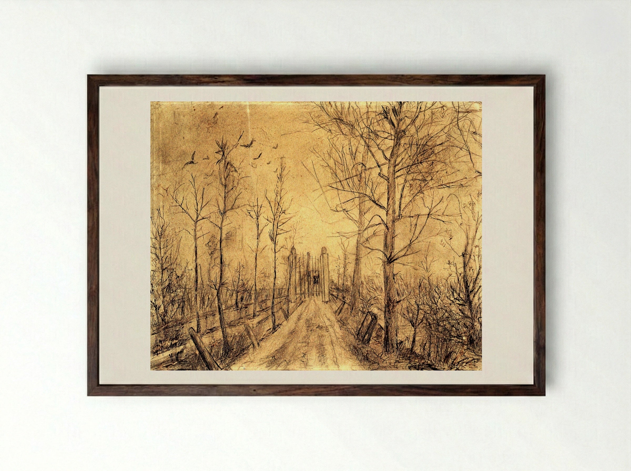 Untitled (Driveway with Trees and Birds) - Fine Art Print - Framed Print Dark Wood