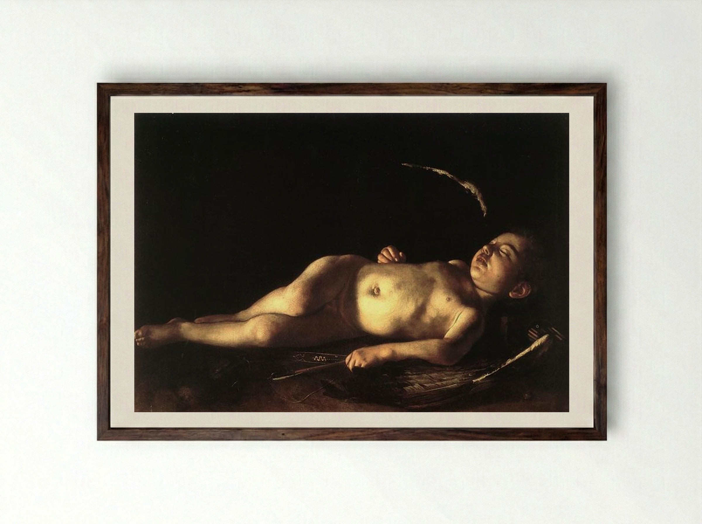 Sleeping Cupid - Michelangelo Merisi da Caravaggio - Framed Print Dark Wood