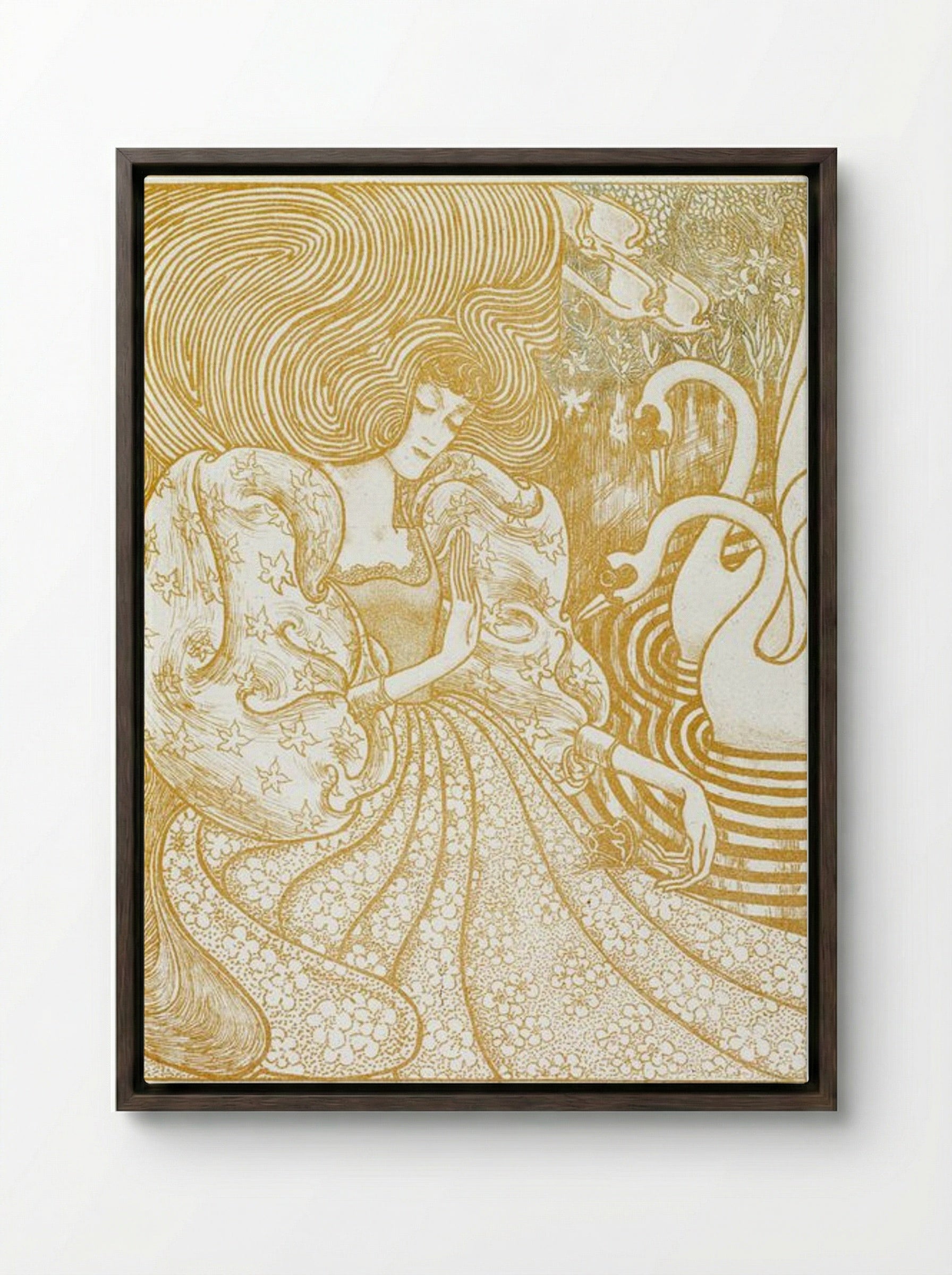 Woman with a Butterfly at a Pond with Two Swans - Jan Toorop - Framed Canvas Dark Wood