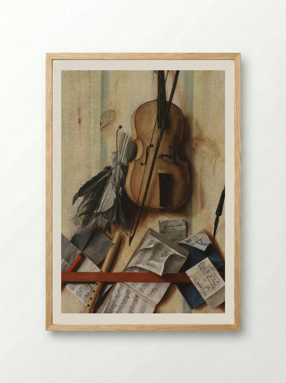 Trompe l'oeil with violin, sheet music and recorder - Cornelis Norbertus Gysbrechts - Framed Print Wood