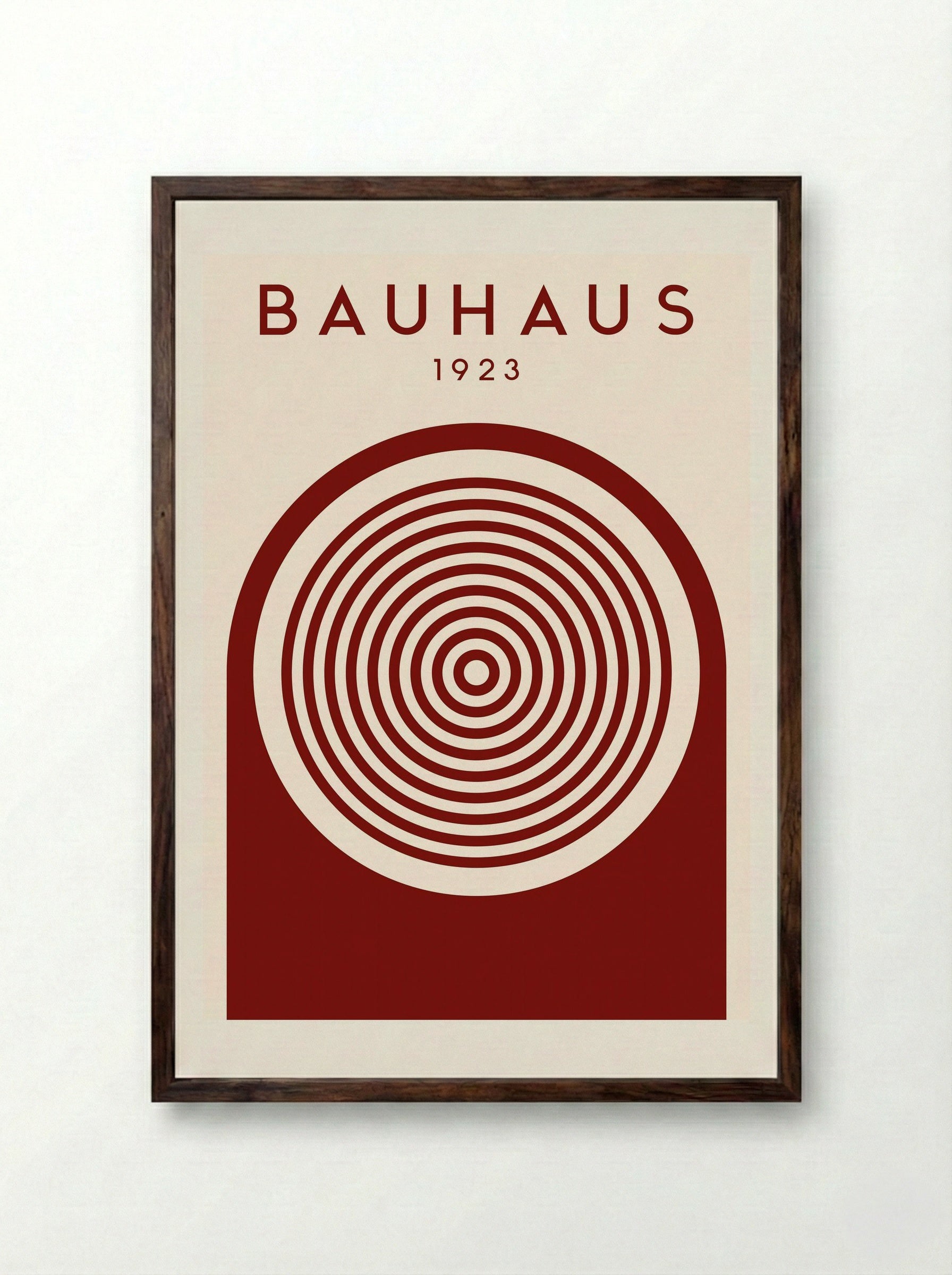 Bauhaus 1923 Concentric Circles – Deep Red Print - Framed Print Dark Wood