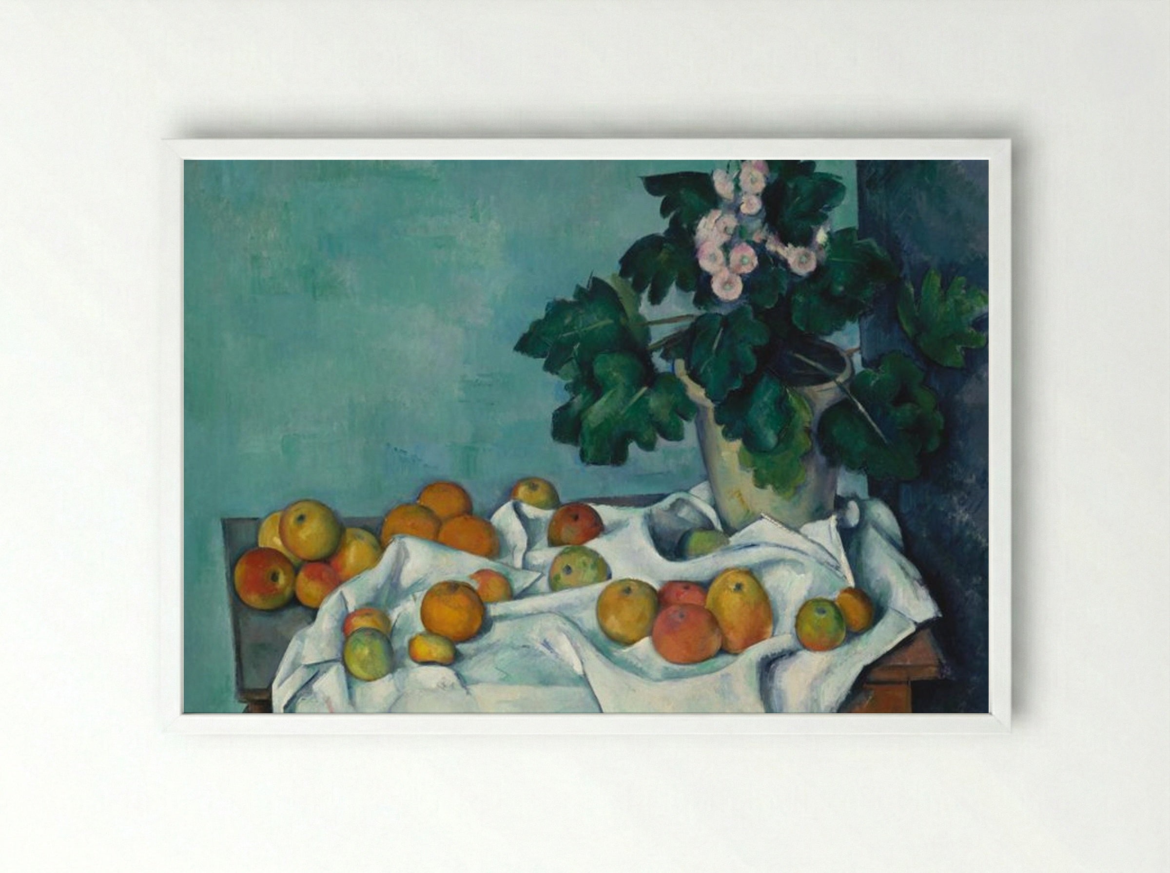 Still Life with Apples and a Pot of Primroses - Paul Cézanne - Framed Print White